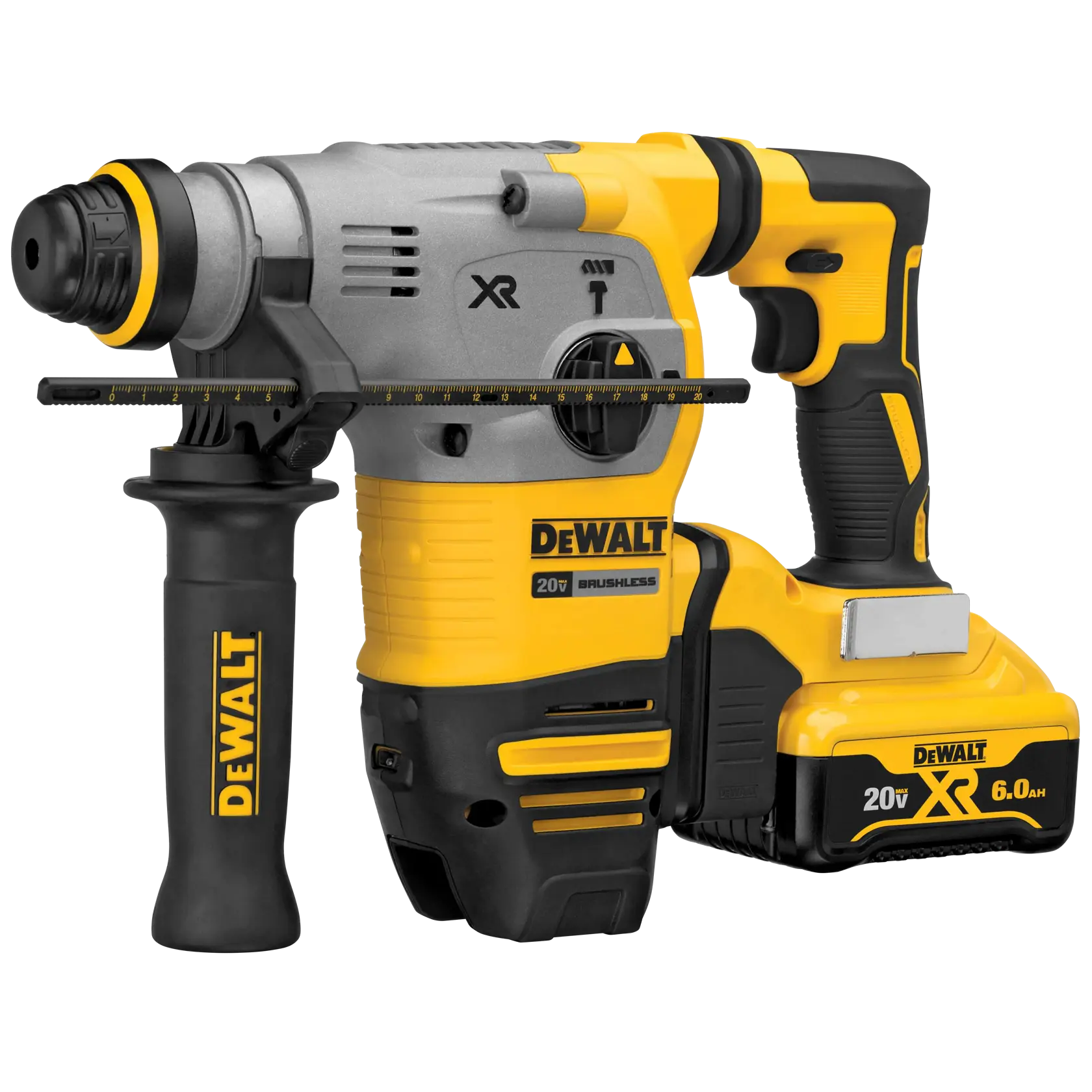 A DEWALT 20V XR brushless rotary hammer drill with a side handle and battery pack, shown in yellow and black, designed for heavy-duty drilling tasks.