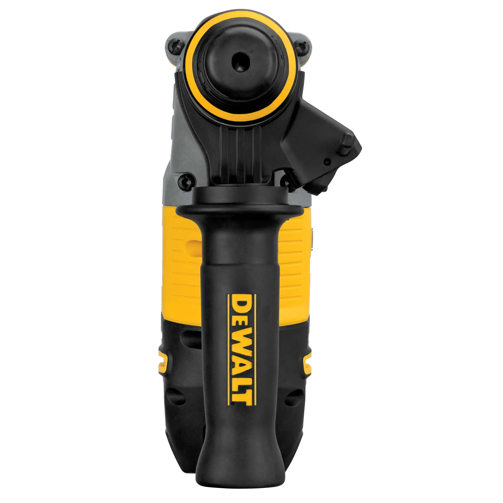 Front view of a DEWALT yellow and black handheld power tool, likely an angle grinder, showing its handle and attachment area.