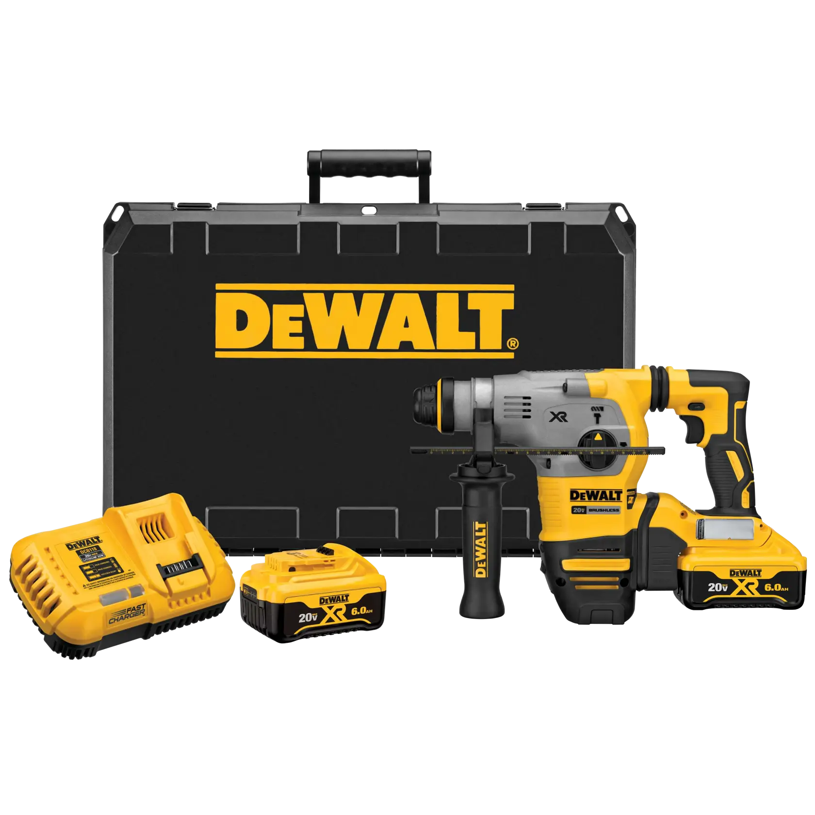 A DEWALT cordless rotary hammer drill set is shown, including a yellow and black rotary hammer drill, two 20V XR lithium-ion batteries, a fast charger, and a black carrying case with DEWALT branding.