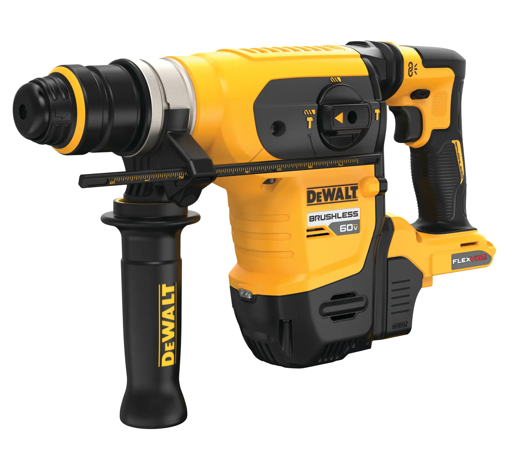 A yellow and black DEWALT brushless 60V rotary hammer drill with side handle, FLEXVOLT battery fitting, and control switches visible on the body.