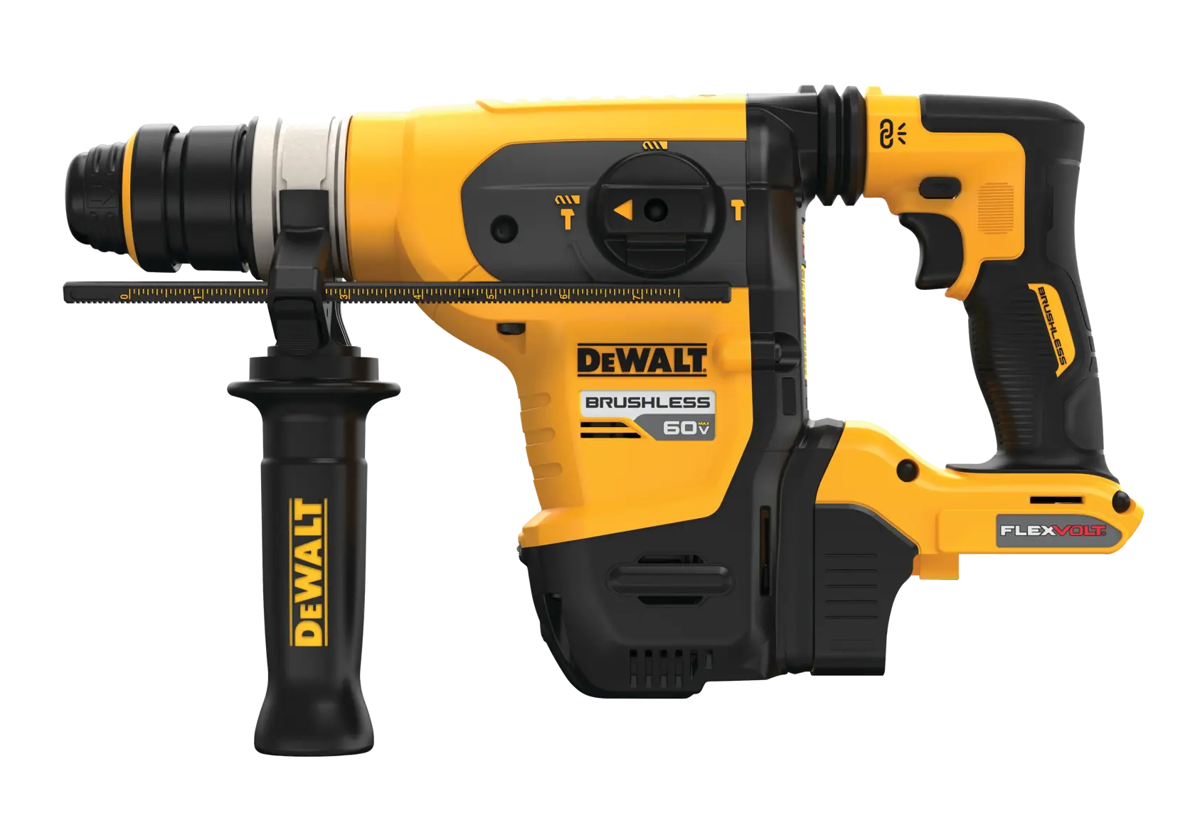 A DEWALT 60V FLEXVOLT brushless rotary hammer drill with a side handle and depth gauge, shown in yellow and black.