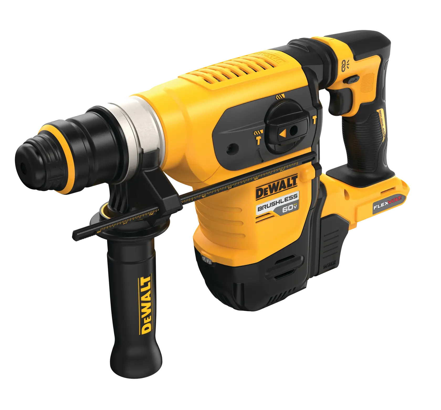 A yellow and black DEWALT cordless rotary hammer drill with brushless 60V motor and side handle, shown against a white background.