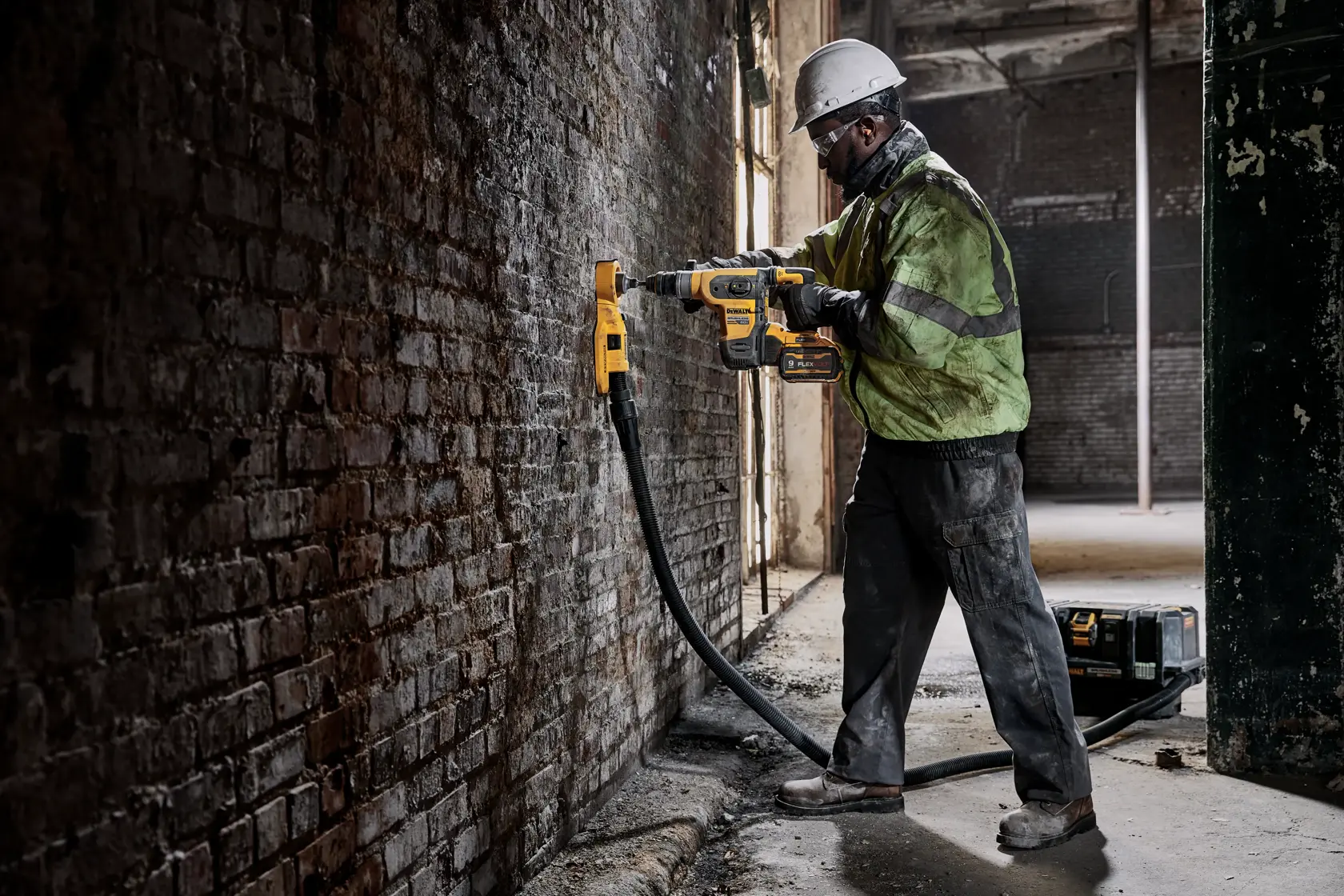 A construction worker wearing safety gear uses a DEWALT cordless rotary hammer drill (DCH416B) with a dust extraction attachment to drill into a brick wall inside an industrial building.