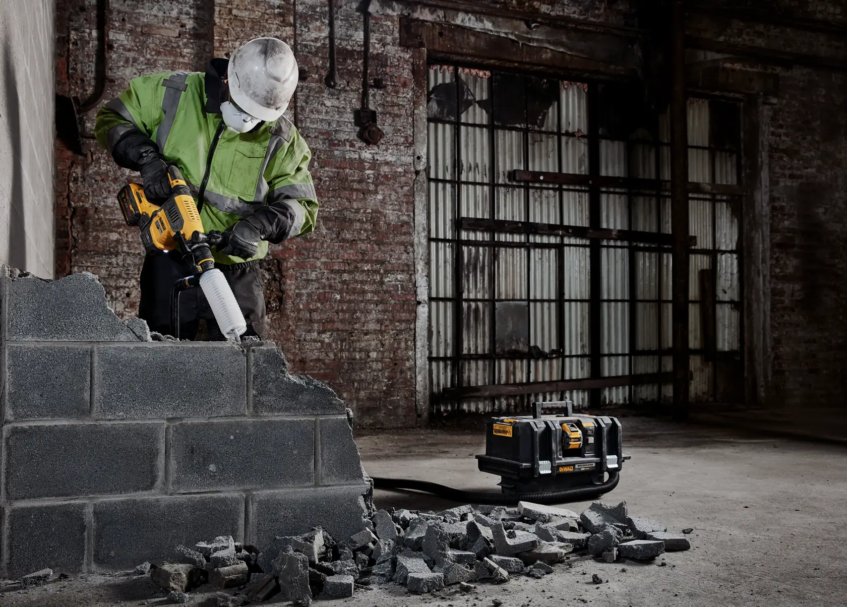 A construction worker in a green jacket and white hard hat operates a DEWALT power tool on a cinder block wall in an industrial setting. Broken pieces of concrete are scattered on the ground, and a DEWALT equipment case is nearby.