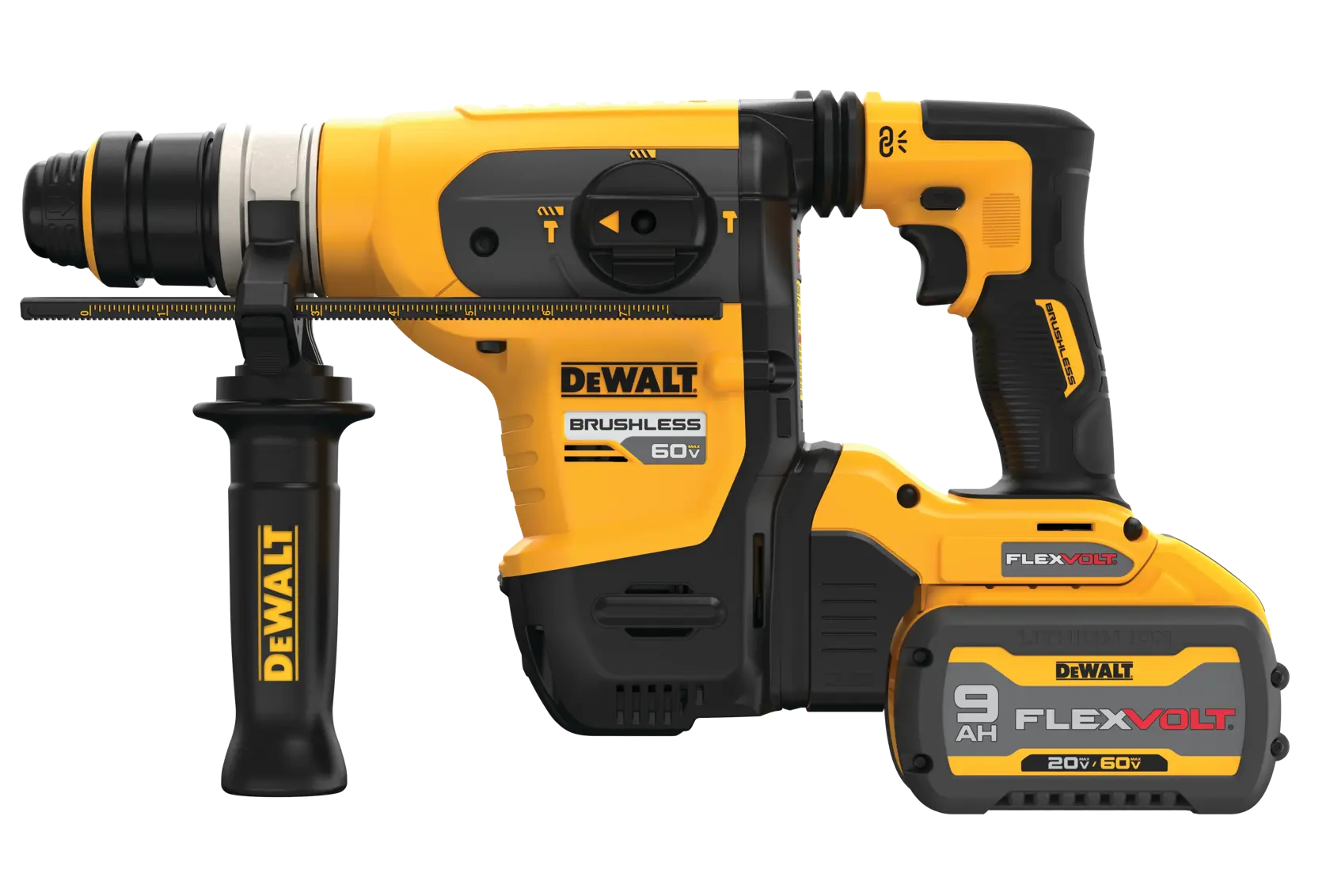 A DEWALT 60V brushless cordless rotary hammer drill with a black and yellow design, featuring a side handle and a large 9Ah FLEXVOLT lithium-ion battery attached at the base.