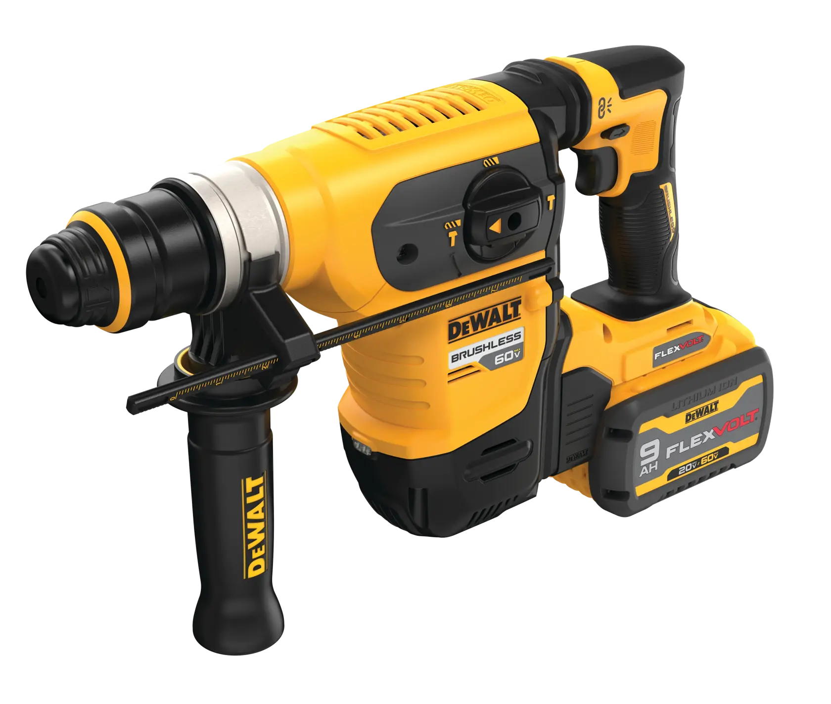 A DEWALT 60V brushless rotary hammer drill with a FLEXVOLT 9Ah lithium-ion battery, featuring a black and yellow design and auxiliary handle.