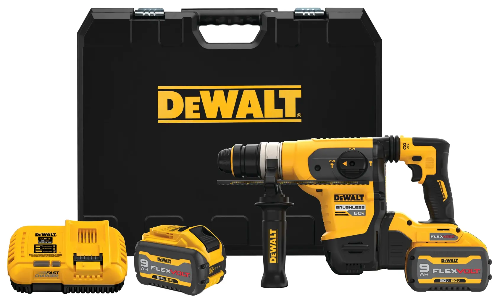 A DEWALT cordless rotary hammer drill kit, including a yellow and black rotary hammer drill, two FLEXVOLT batteries, a charger, and a hard carrying case with the DEWALT logo.