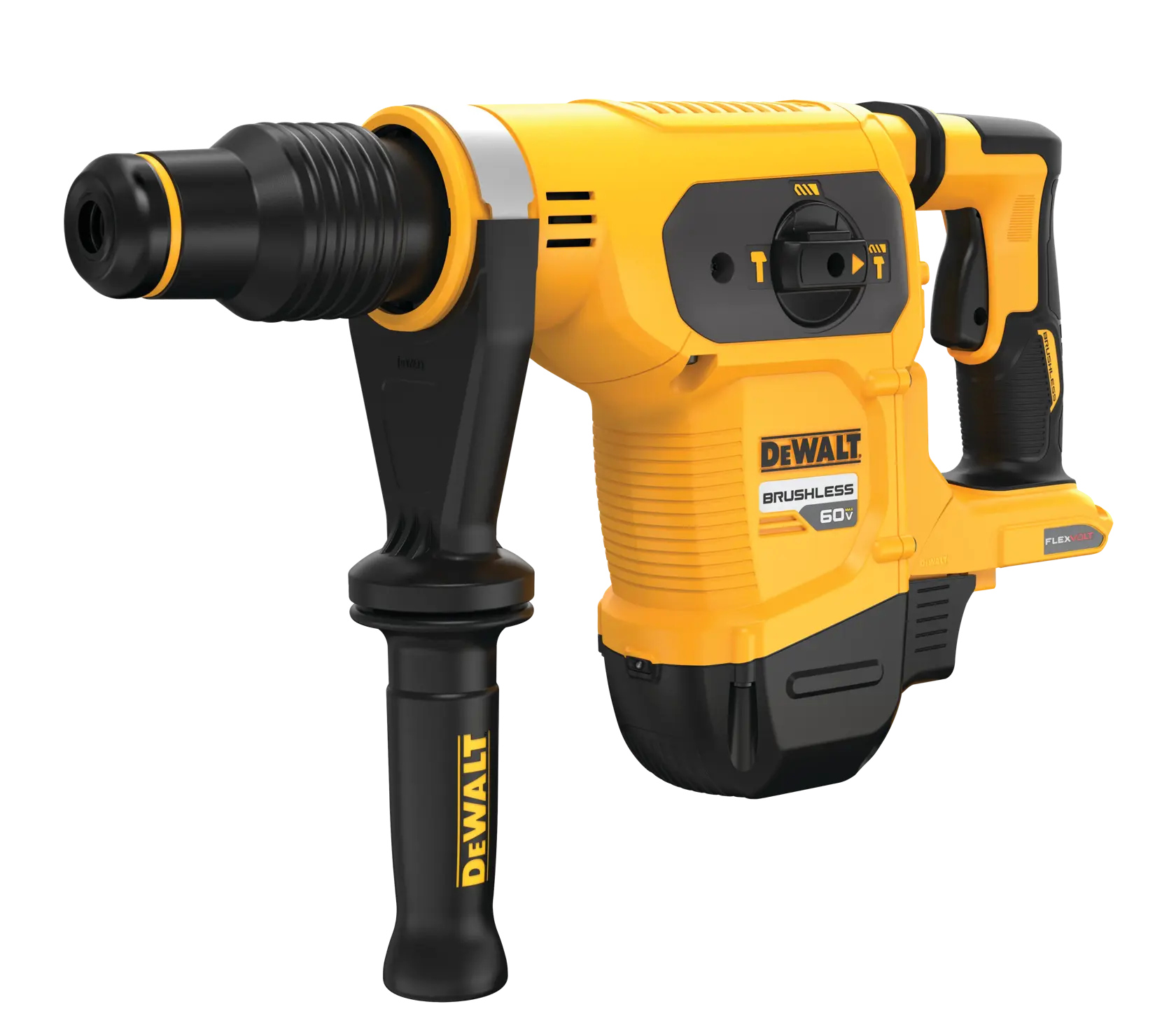 A yellow and black DEWALT cordless hammer drill with brushless 60V motor and ergonomic handle, shown against a white background.