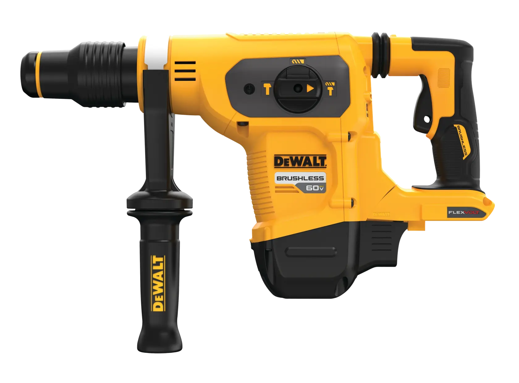 A DEWALT 60V brushless rotary hammer drill with a side handle and ergonomic grip, shown in yellow and black color.