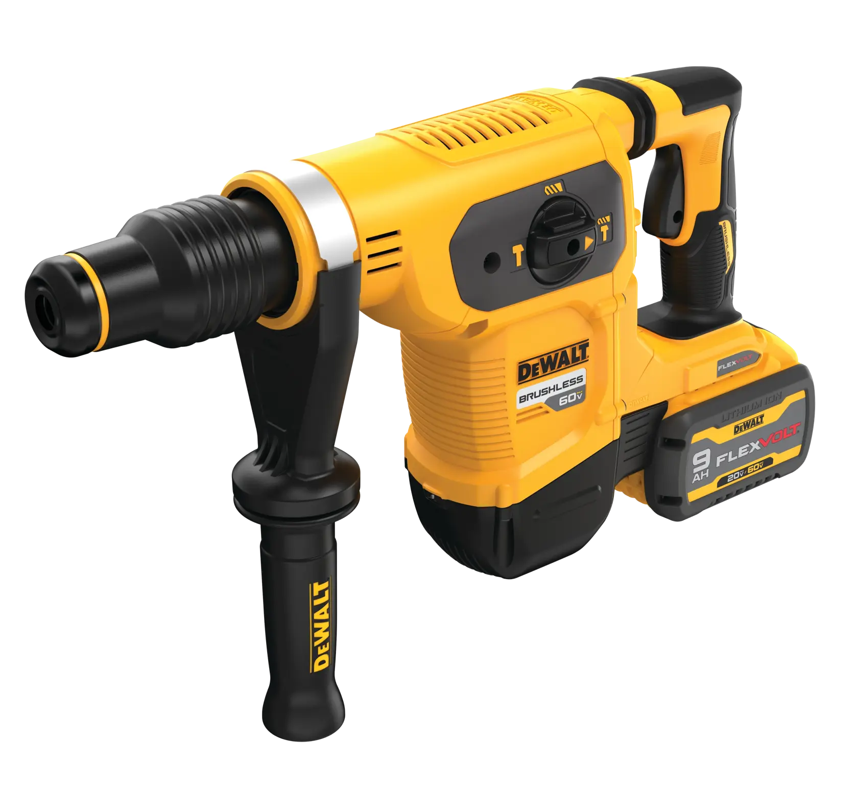 A DEWALT 60V brushless cordless rotary hammer drill with a side handle and a 9AH FLEXVOLT lithium-ion battery attached.
