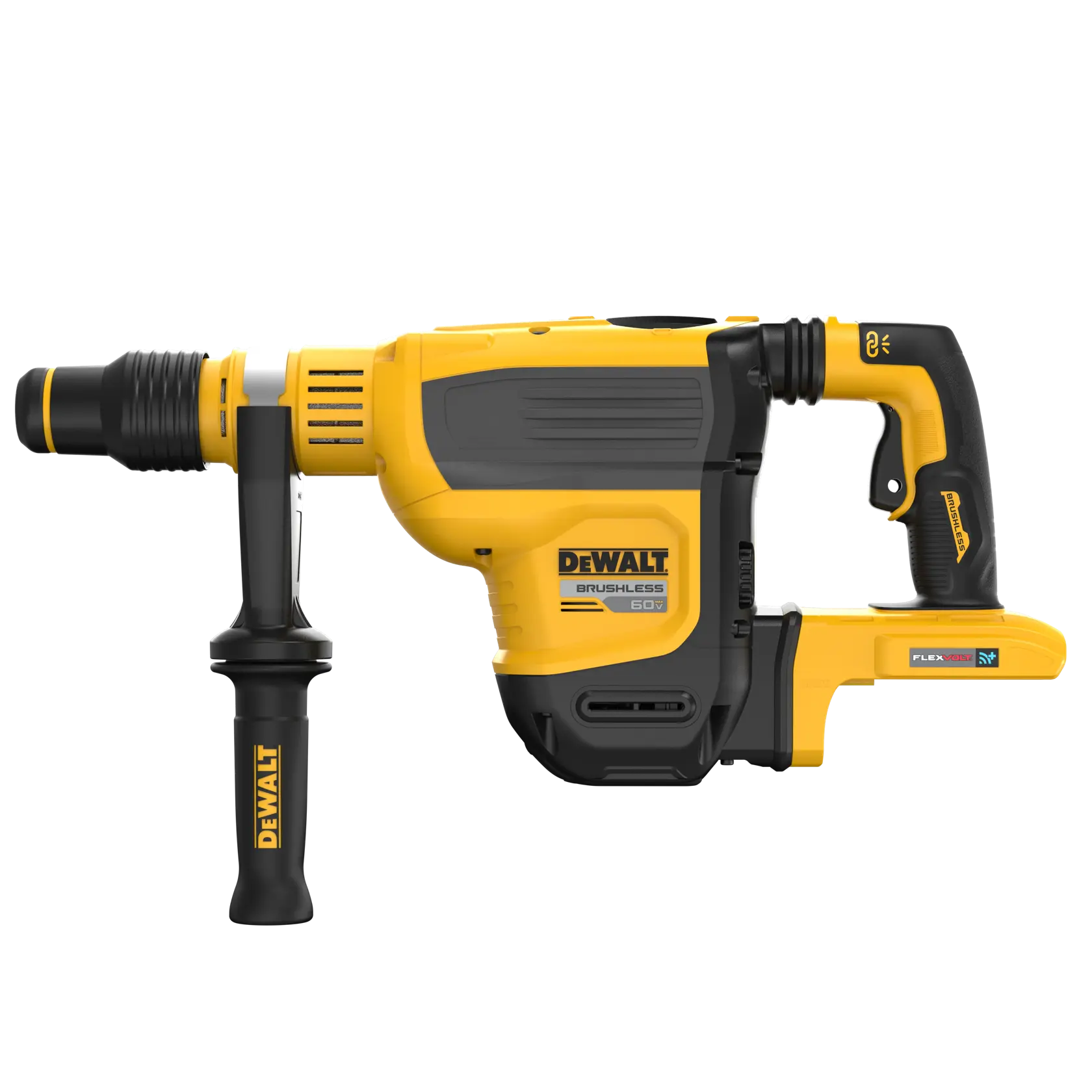 A DEWALT branded yellow and black power tool, specifically a rotary hammer drill with a side handle, shown against a white background.