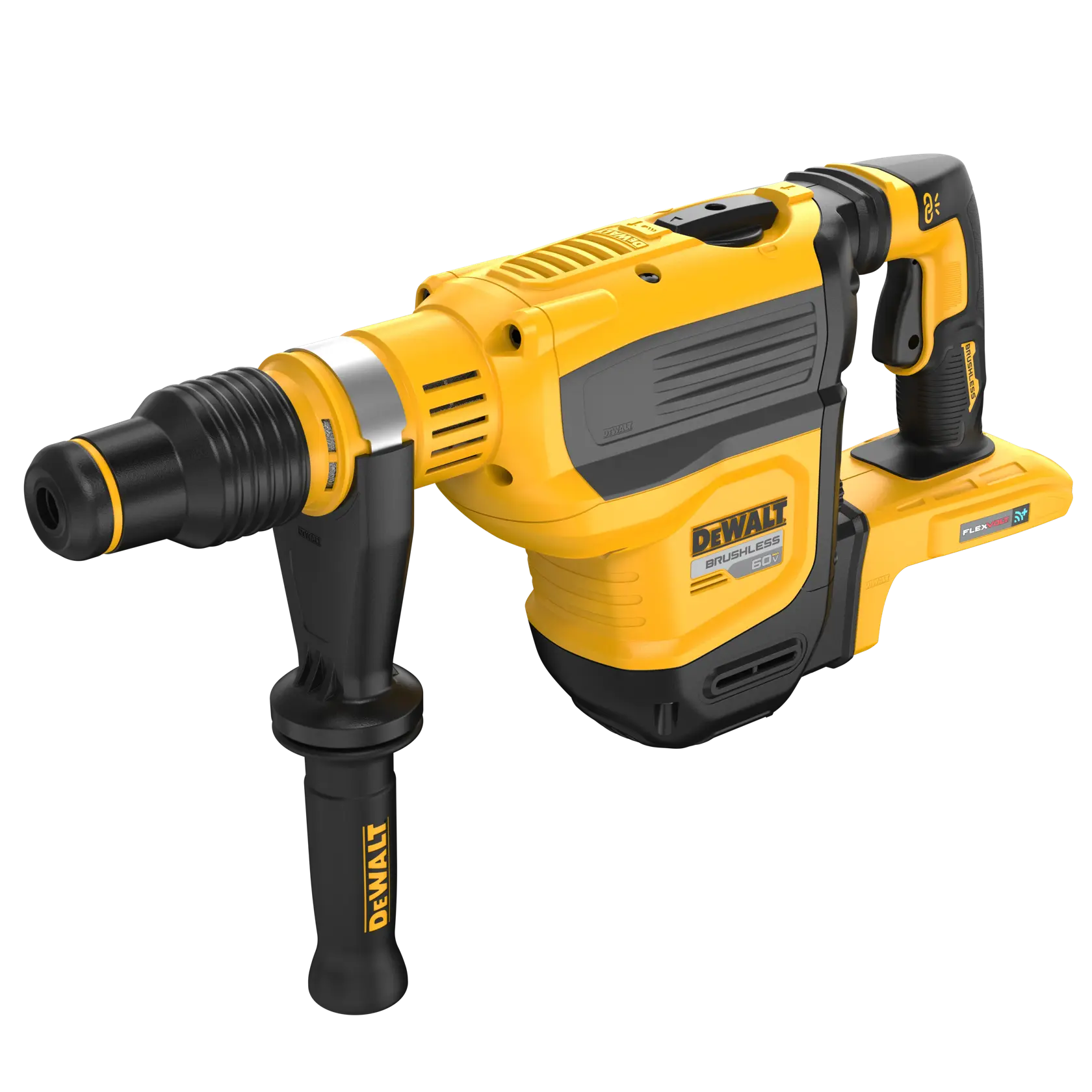 A DEWALT cordless rotary hammer drill, yellow and black in color, with a brushless motor and side handle, model DCH614B, designed for heavy-duty construction work.
