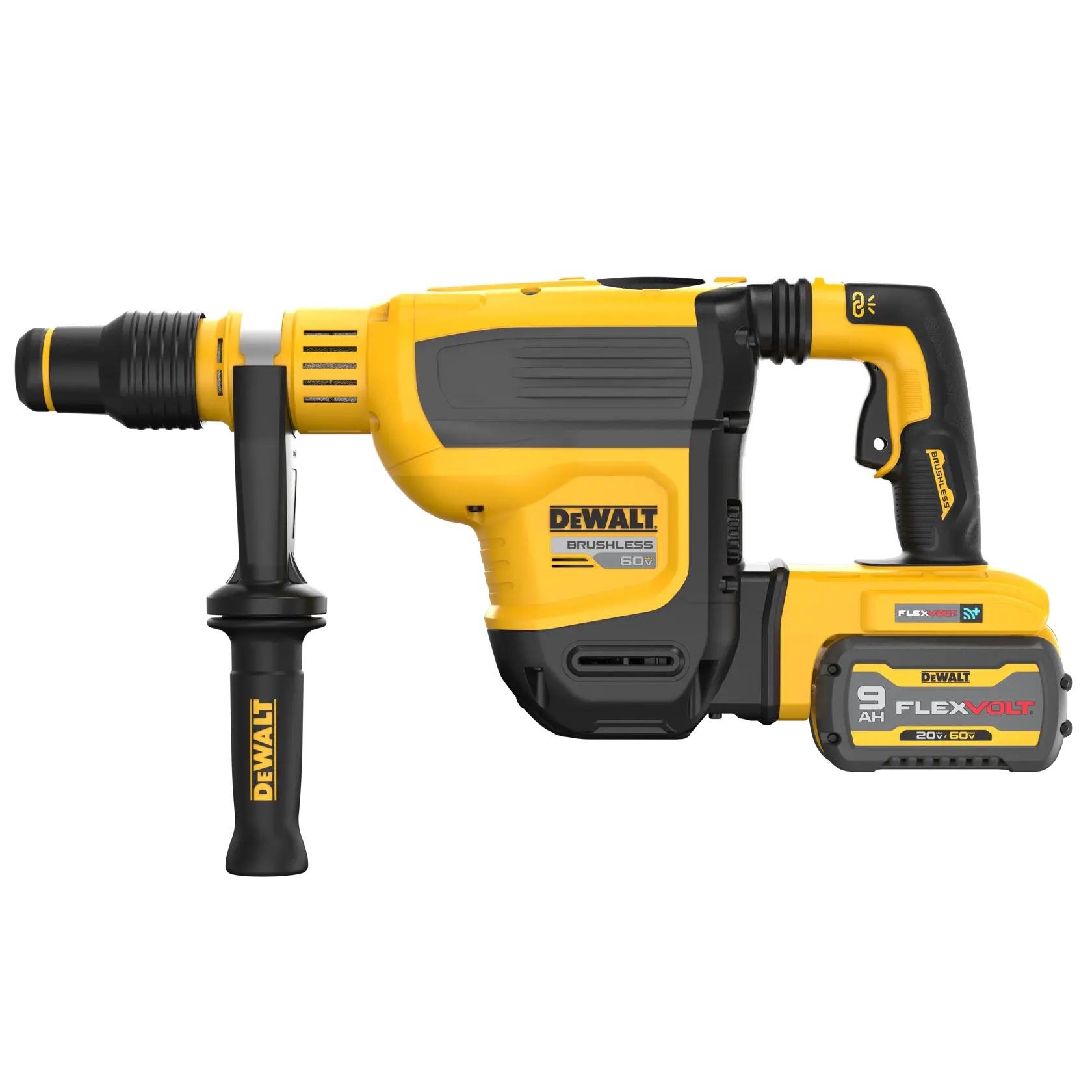 A yellow and black DEWALT cordless rotary hammer drill with a side handle and a FLEXVOLT 9 AH battery attached. The drill is designed for heavy-duty construction and demolition work.
