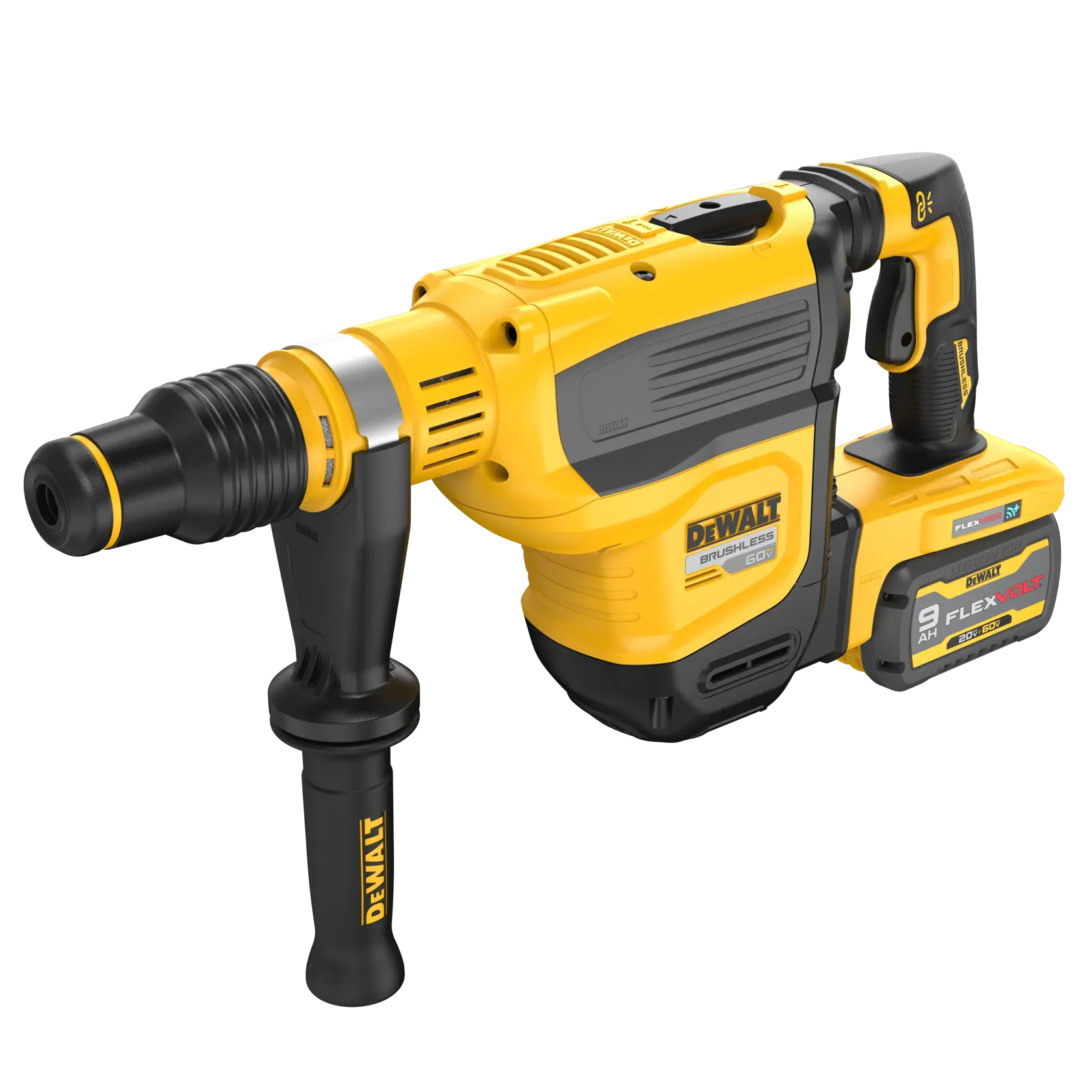 A DEWALT-branded yellow and black cordless rotary hammer drill, model DCH614X2, with a brushless motor and FlexVolt 9.0 Ah battery attached. The handle is ergonomically designed and the tool features a side grip for extra control.