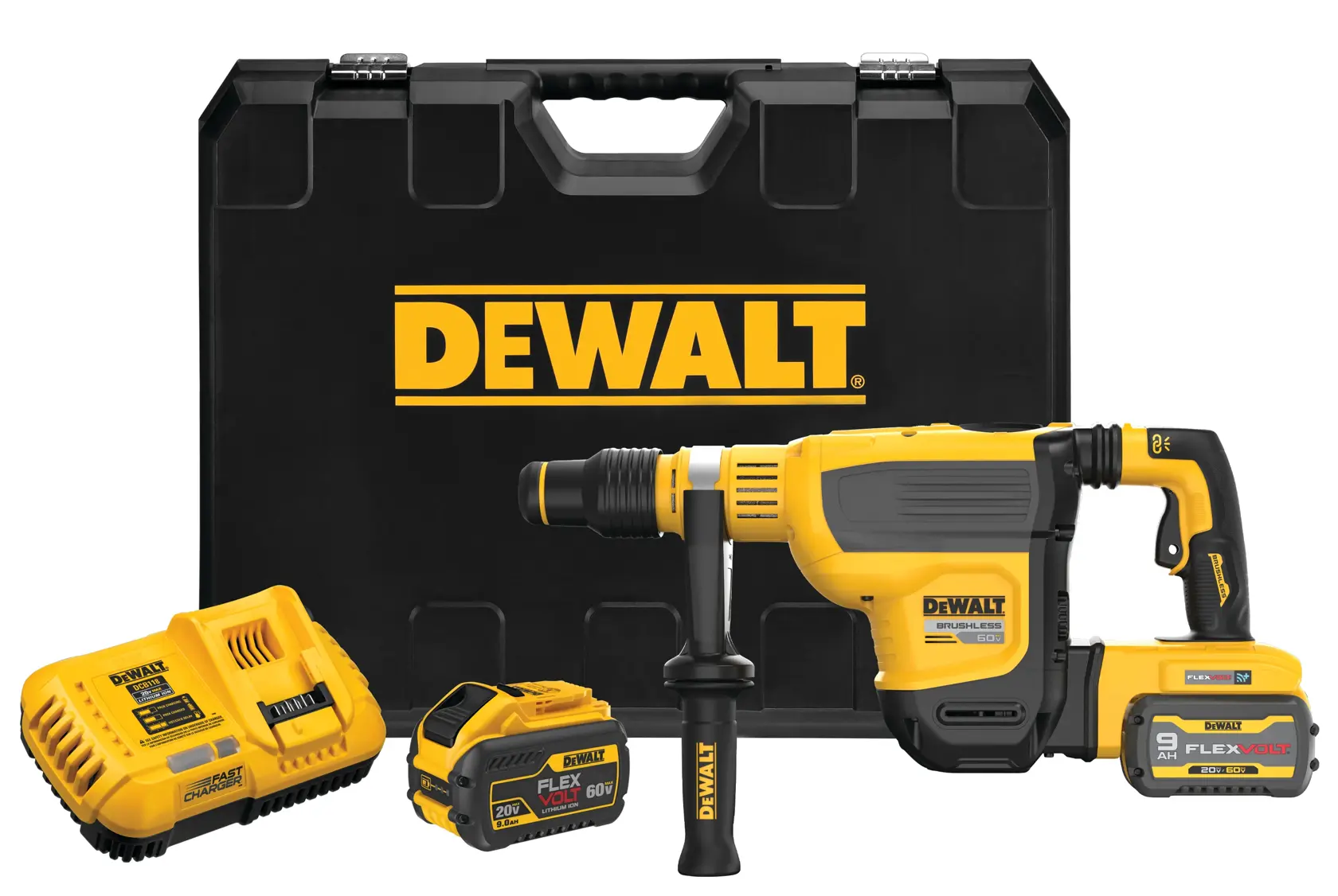 A DEWALT cordless rotary hammer drill kit, including a yellow and black rotary hammer drill, two batteries, a charger, and a carrying case with the DEWALT logo.