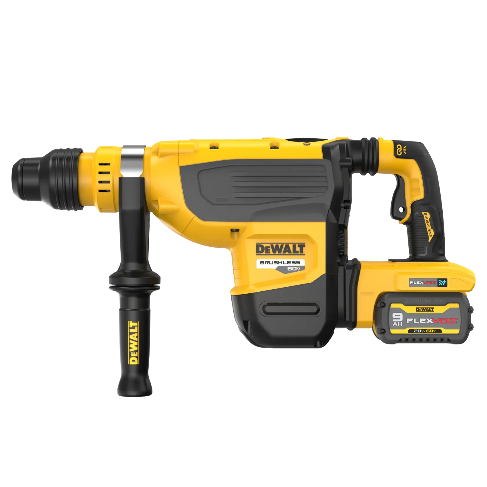 A yellow and black DEWALT cordless rotary hammer drill with a side handle and FLEXVOLT 60V lithium ion battery attached.
