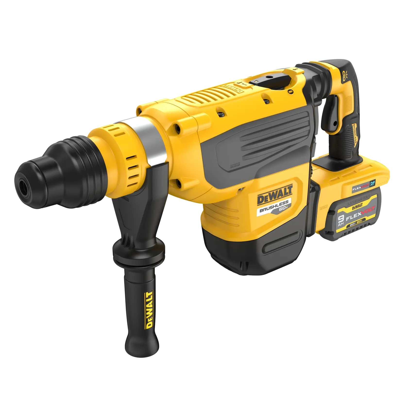 A yellow and black DEWALT cordless rotary hammer drill with a side handle and a FlexVolt 9Ah battery attached.