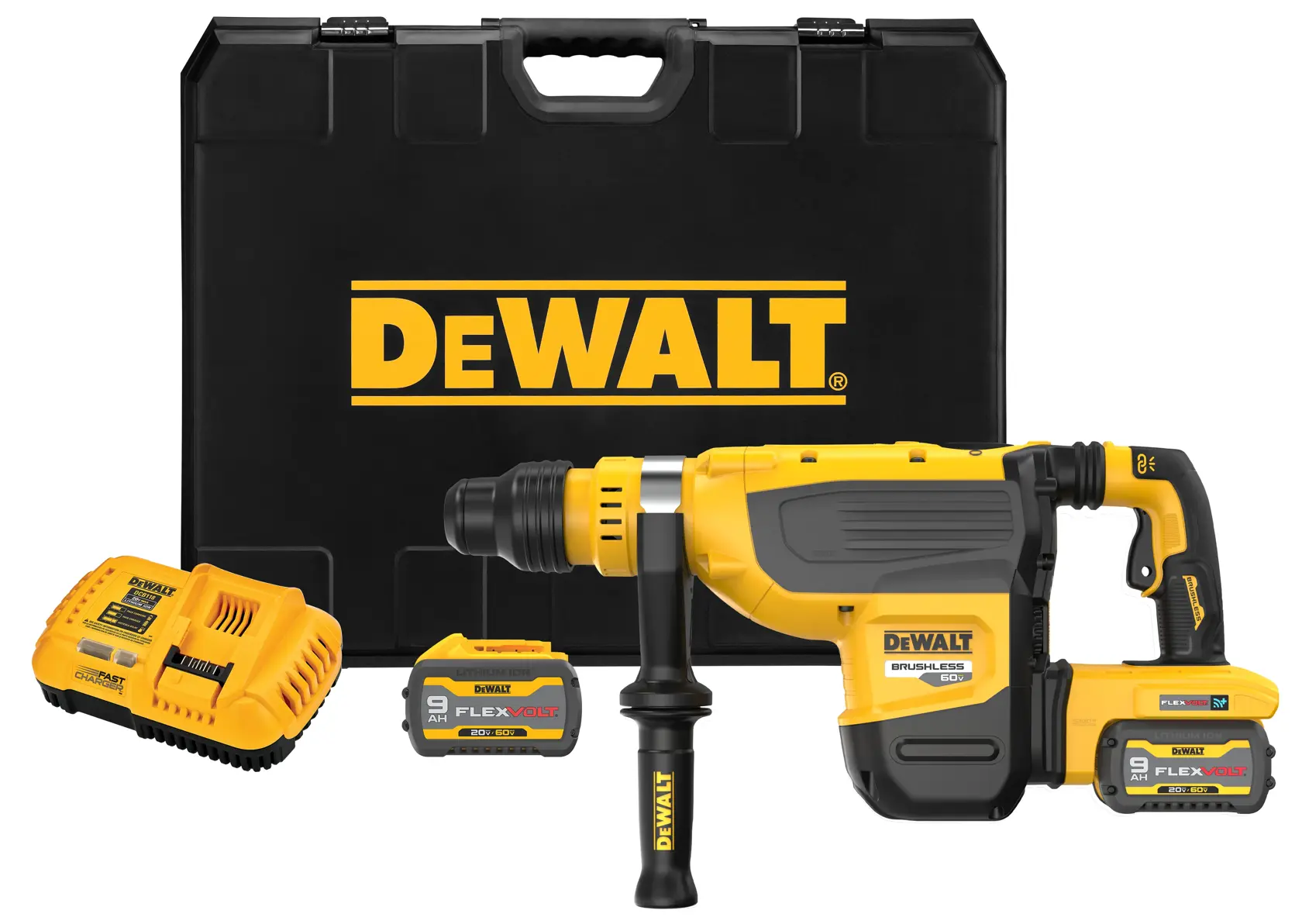 A DEWALT rotary hammer drill kit including a yellow and black rotary hammer drill, two rechargeable battery packs, a charger, and a hard carrying case with the DEWALT logo.