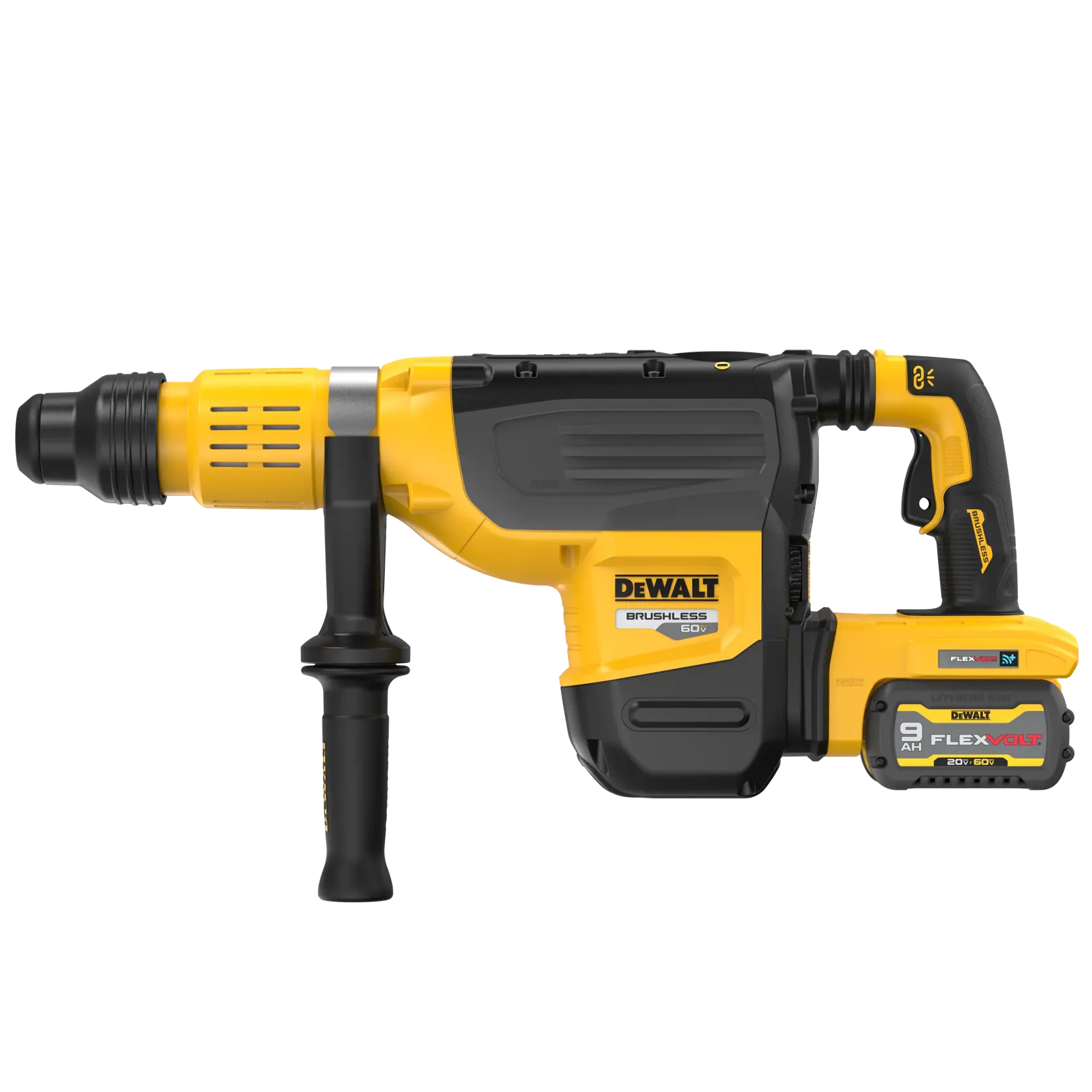 A yellow and black DEWALT cordless rotary hammer drill with a side handle and a detachable FLEXVOLT battery pack, model DCH775X2.