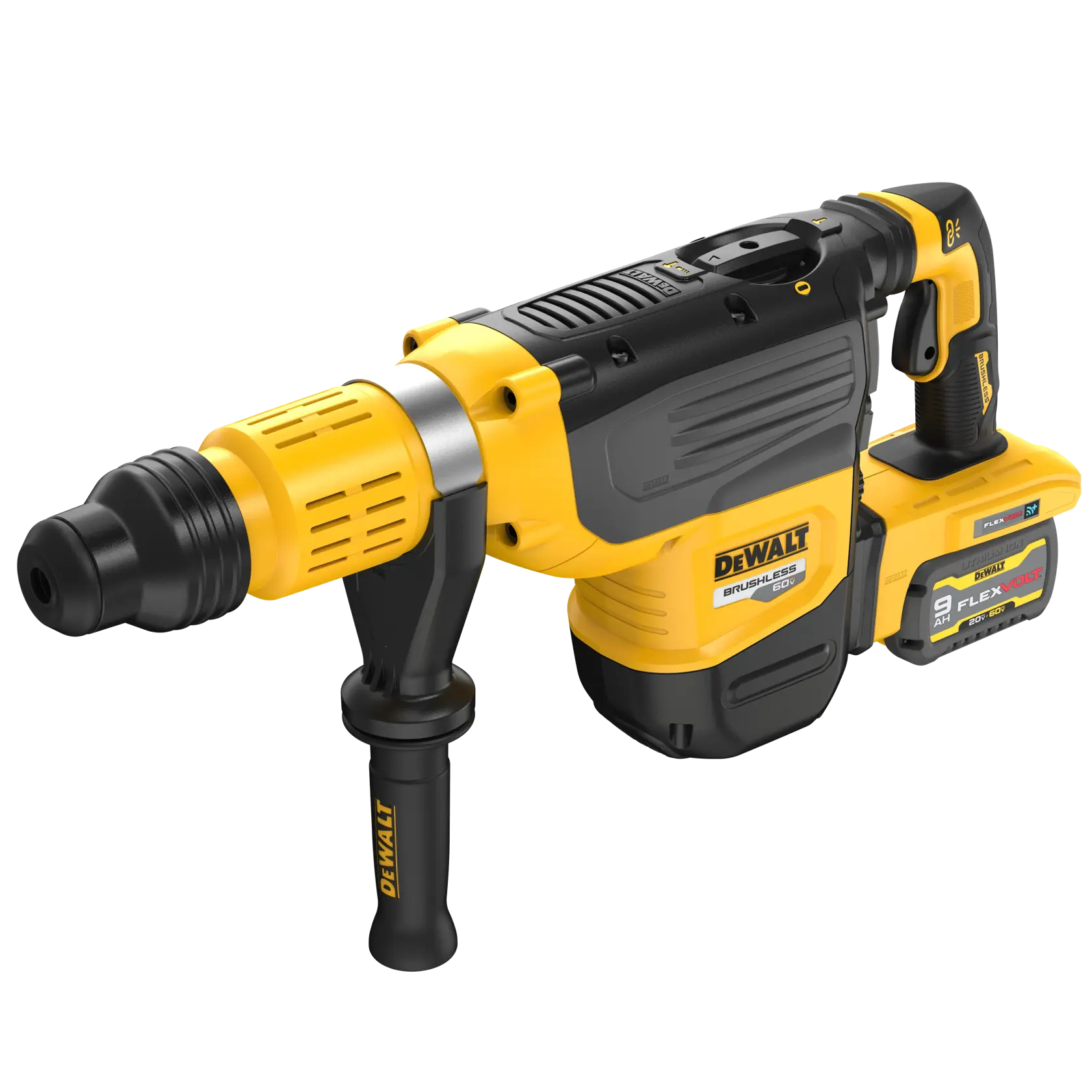 A DEWALT cordless rotary hammer drill with a brushless motor and FLEXVOLT 9Ah battery, featuring a yellow and black design and an auxiliary handle.