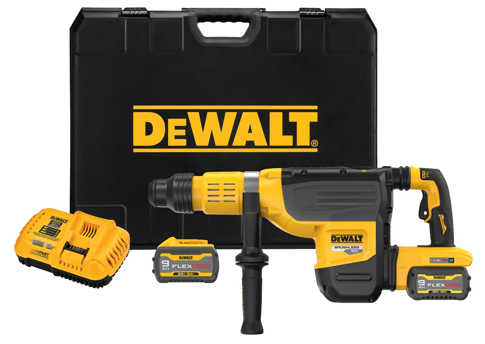 A DEWALT cordless rotary hammer drill kit including a yellow and black hammer drill, two batteries, a charger, and a black carrying case with DEWALT logo.