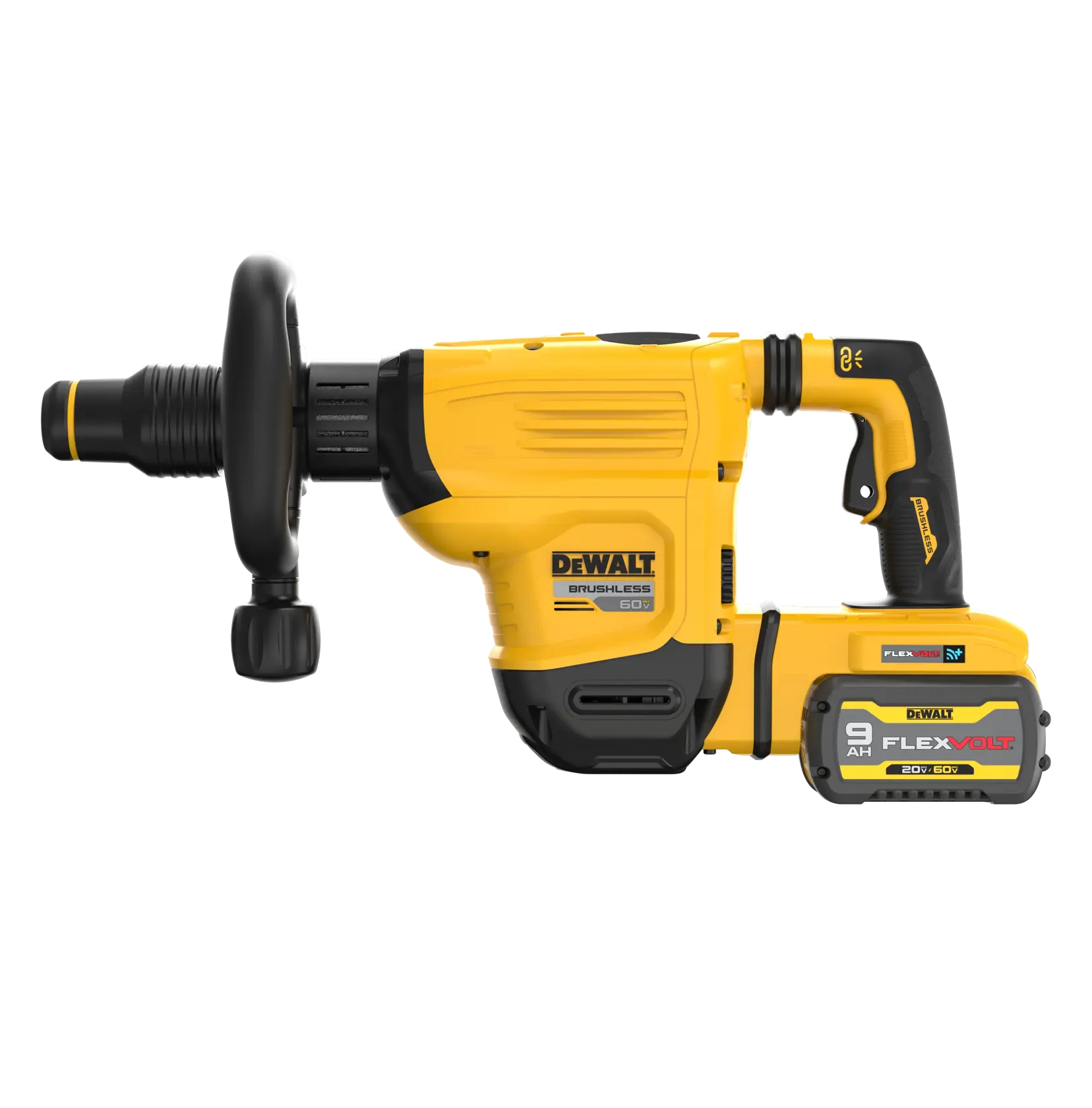 A DEWALT 60V brushless cordless rotary hammer drill with a 9Ah FLEXVOLT battery attached, shown from the side against a white background.