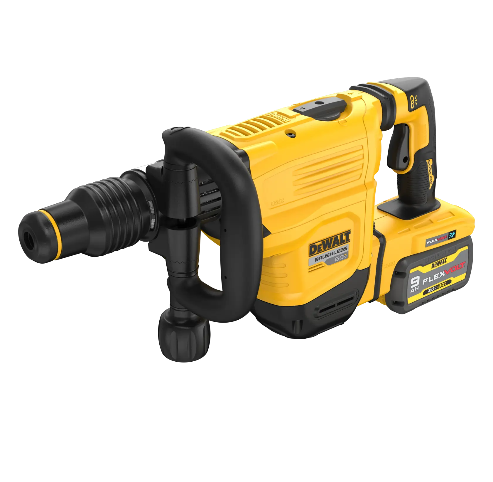 A yellow DEWALT cordless rotary hammer drill with a black handle and a large battery pack marked FLEXVOLT 9 AH, model DCH832X1.