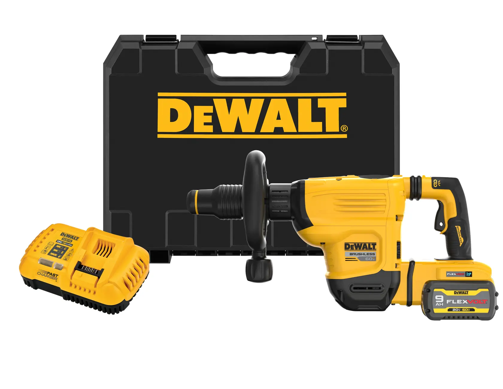 A DEWALT cordless rotary hammer drill kit, including a yellow and black rotary hammer drill with FLEXVOLT battery, a battery charger, and a black DEWALT carrying case.