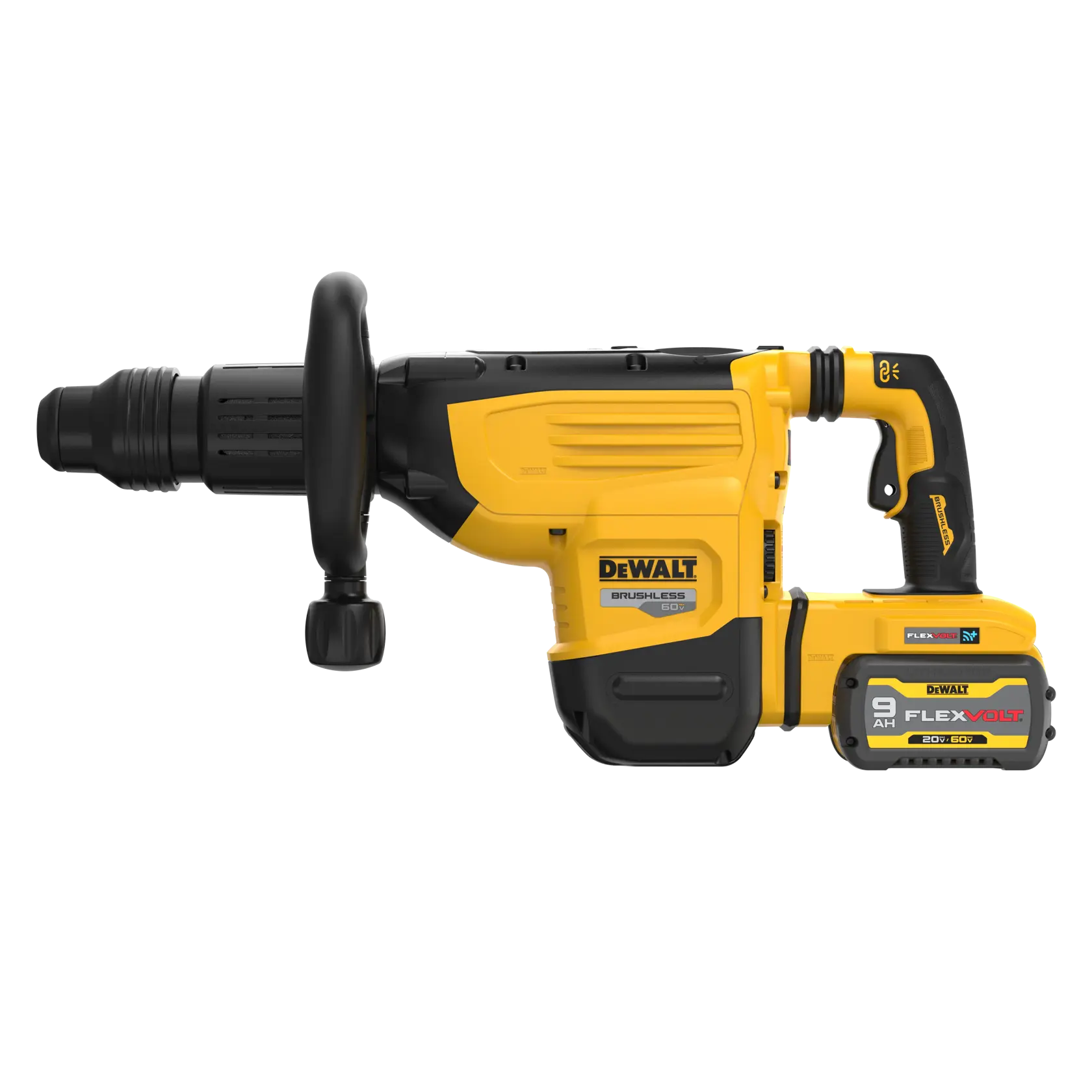 A DEWALT DCH892X1 yellow and black cordless rotary hammer drill with a brushless motor and a FLEXVOLT 9Ah battery, shown in a side view against a white background.
