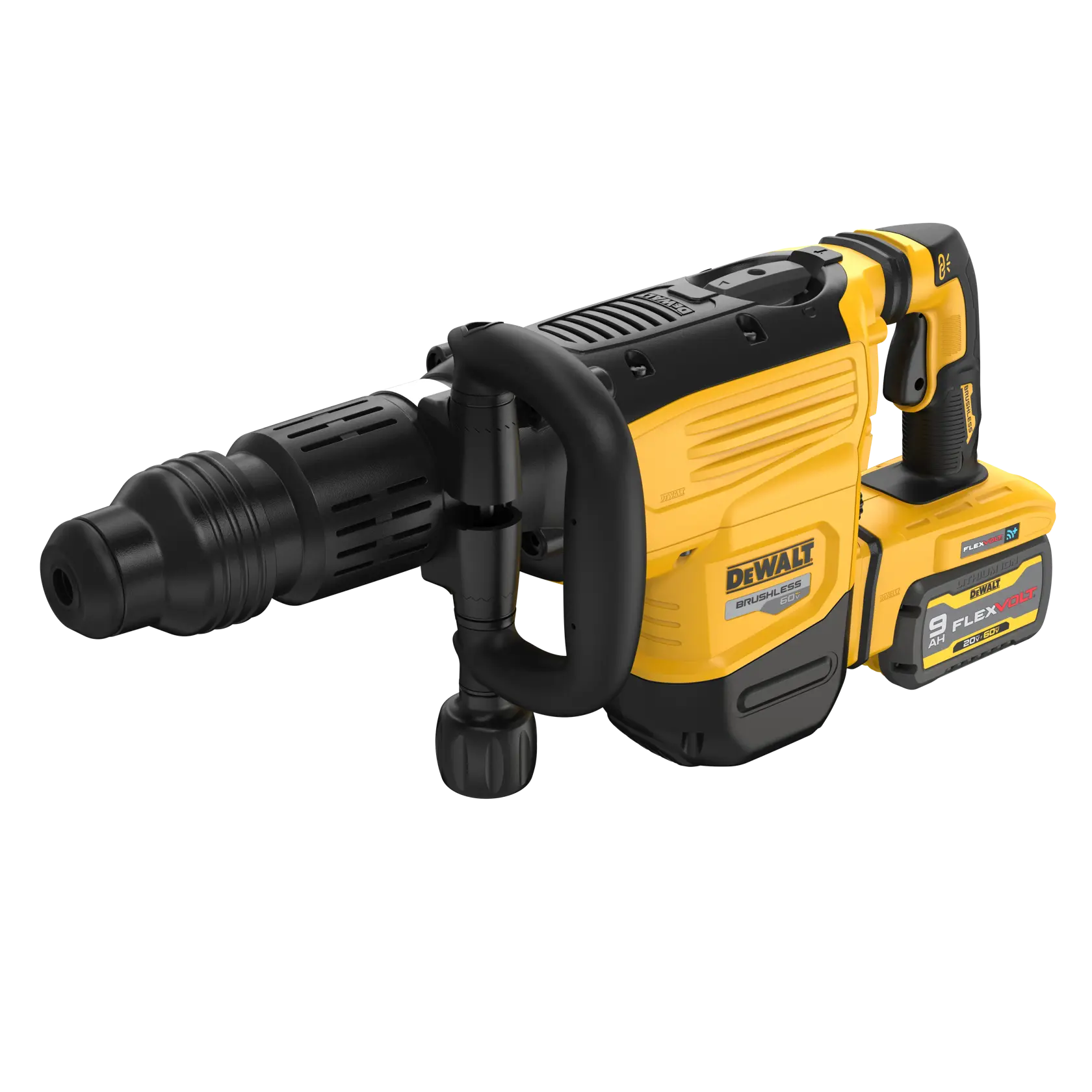 A DEWALT cordless rotary hammer with yellow and black casing, equipped with a FLEXVOLT 9Ah battery pack and an ergonomic handle.