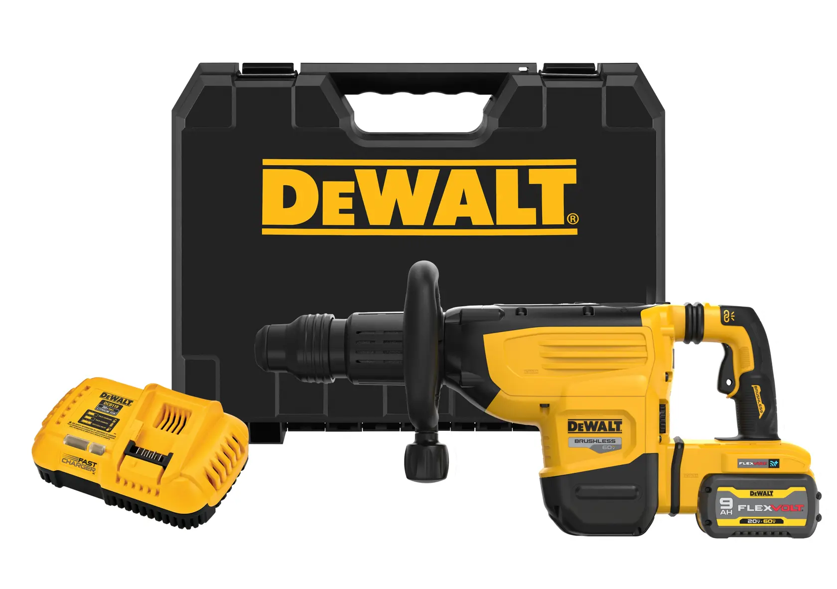 A DEWALT yellow and black cordless rotary hammer drill set, including a drill, battery charger, and a hard carrying case with DEWALT logo.