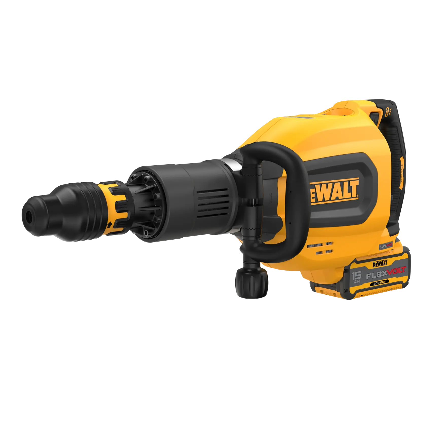 A DEWALT branded cordless demolition hammer with yellow and black colors, featuring a FLEXVOLT 15 Ah battery, designed for heavy-duty construction work.