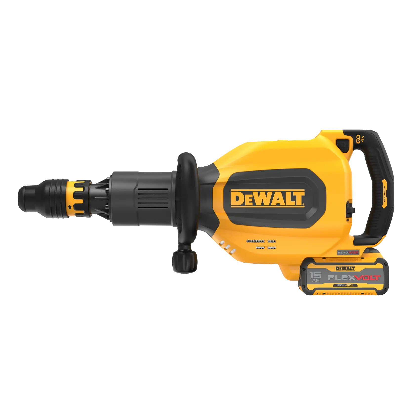 A DEWALT branded yellow and black cordless power tool, specifically a demolition hammer, with a FLEXVOLT battery attached, displayed against a white background.