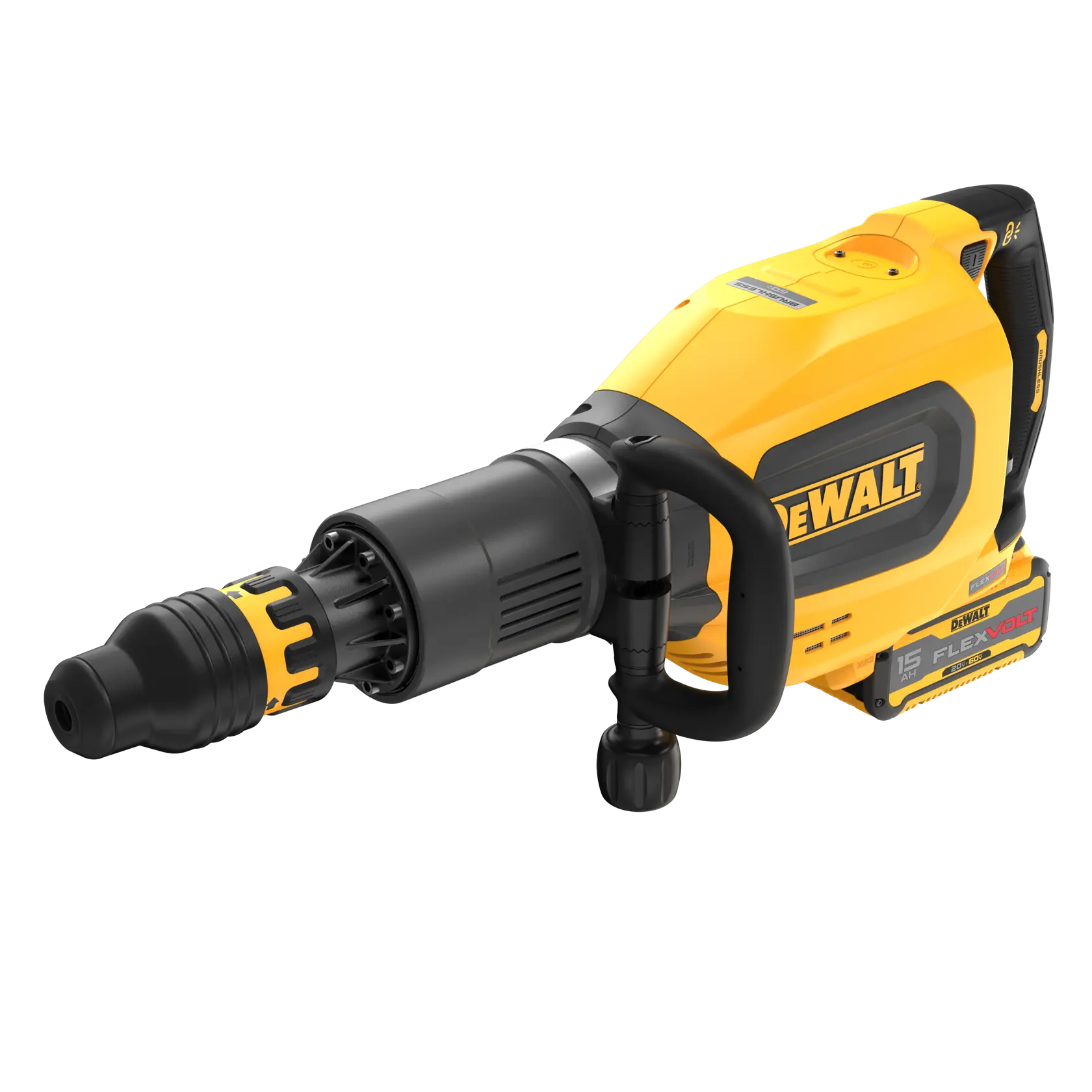A DEWALT-branded yellow and black cordless demolition hammer with a side handle and FLEXVOLT battery.