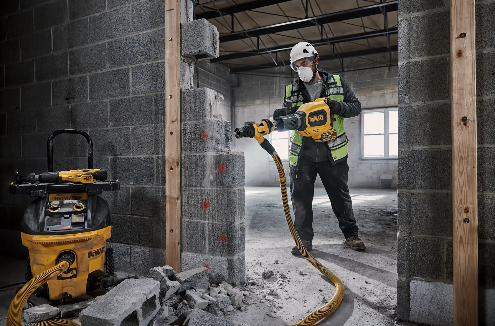 A construction worker using a DEWALT power tool to drill into a cinder block wall on a job site. The worker is wearing protective gear and there is a DEWALT dust extractor connected to the tool.