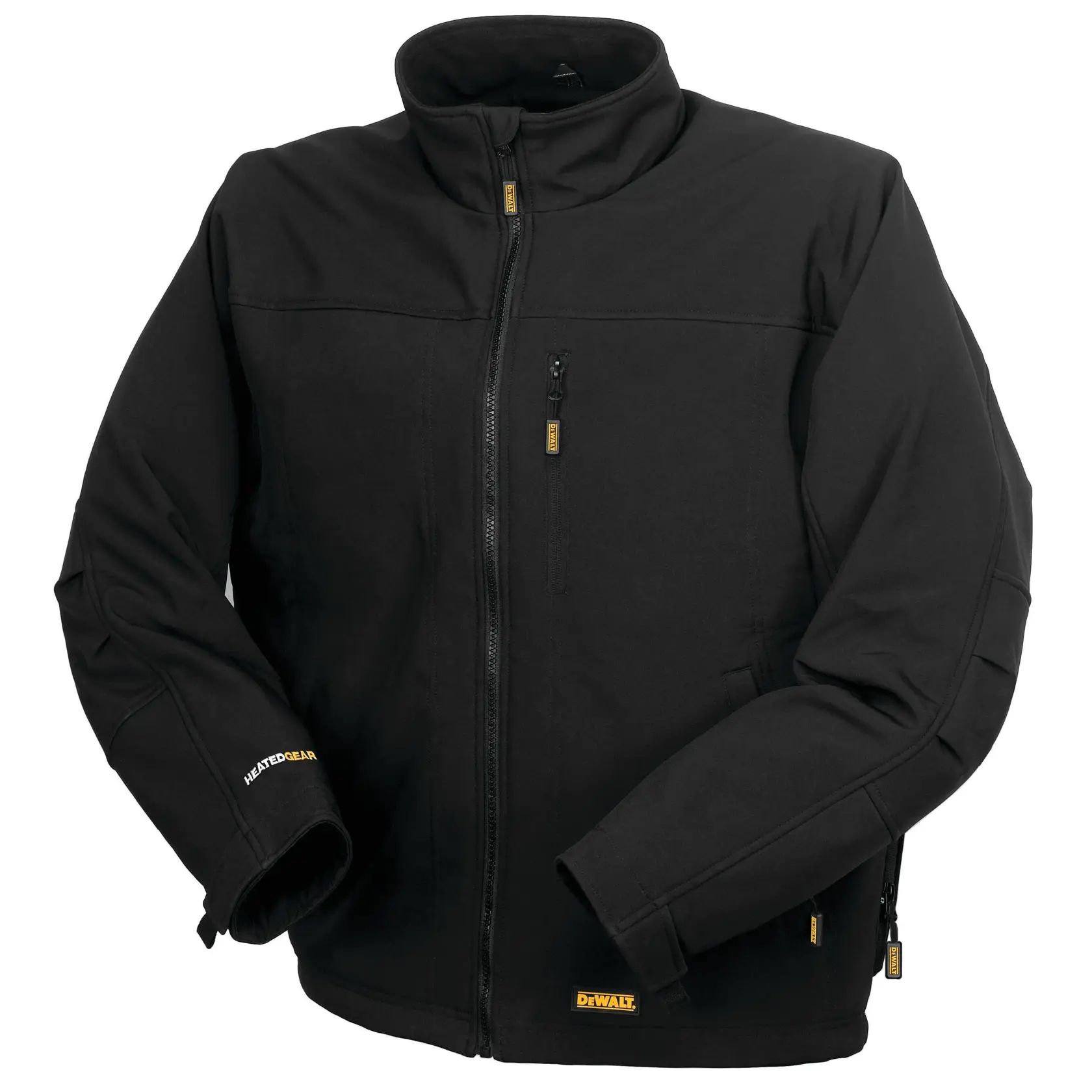 Black DEWALT heated jacket with zip closure, high collar, and multiple pockets. The jacket is designed for warmth and features yellow DEWALT branding on the zippers and hem.