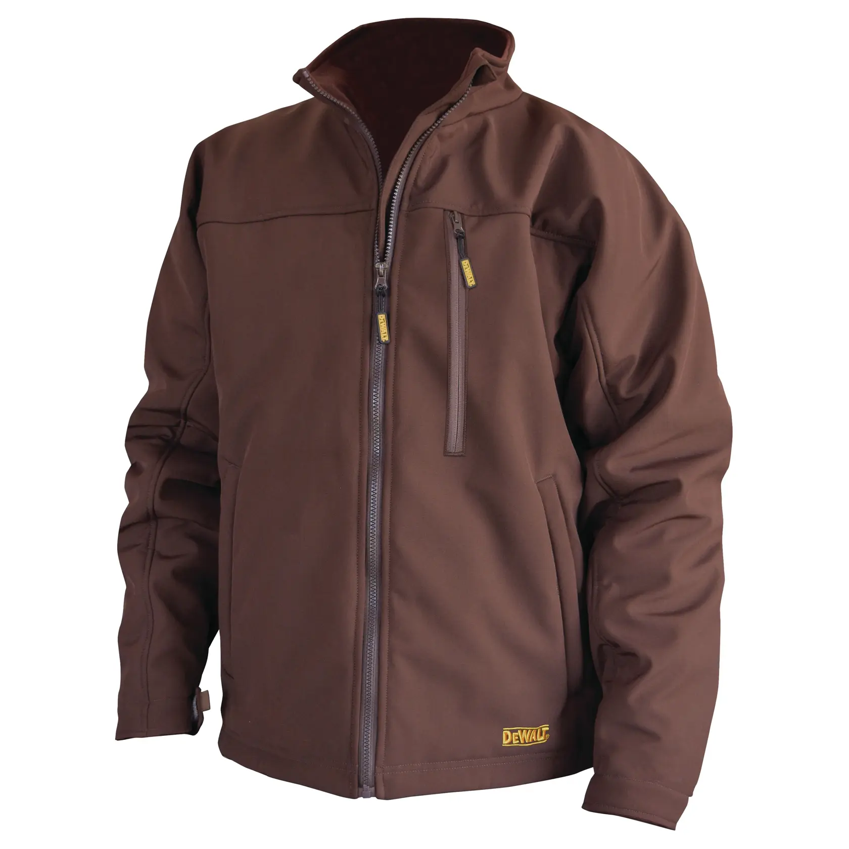 A brown zip-up DEWALT work jacket with a high collar and multiple zippered pockets, displayed on a white background.