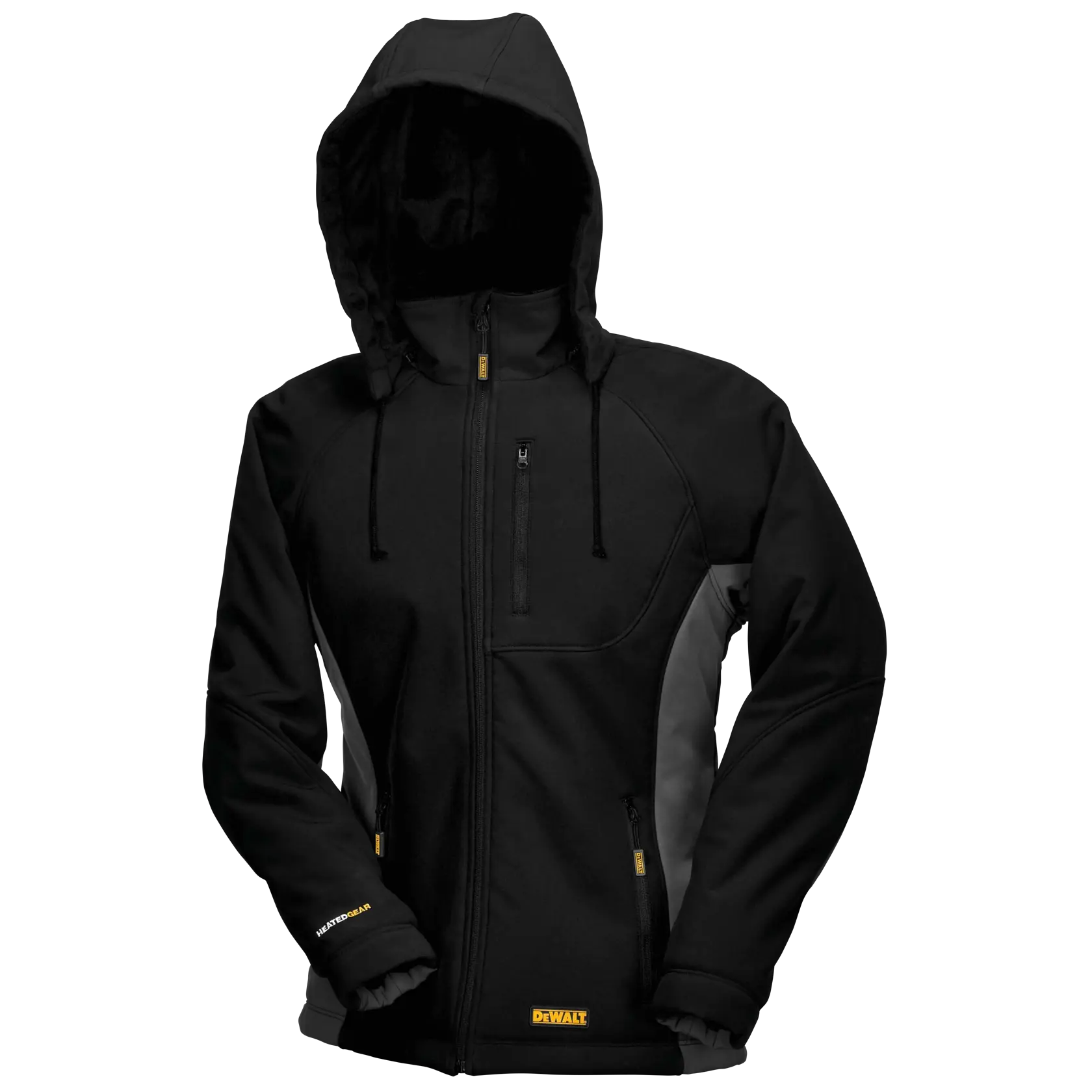 Black DEWALT hooded jacket with a zip-up front, multiple pockets including one on the chest, and grey panels on the sides. The jacket has a DEWALT logo on the bottom front and is designed for work or outdoor use.