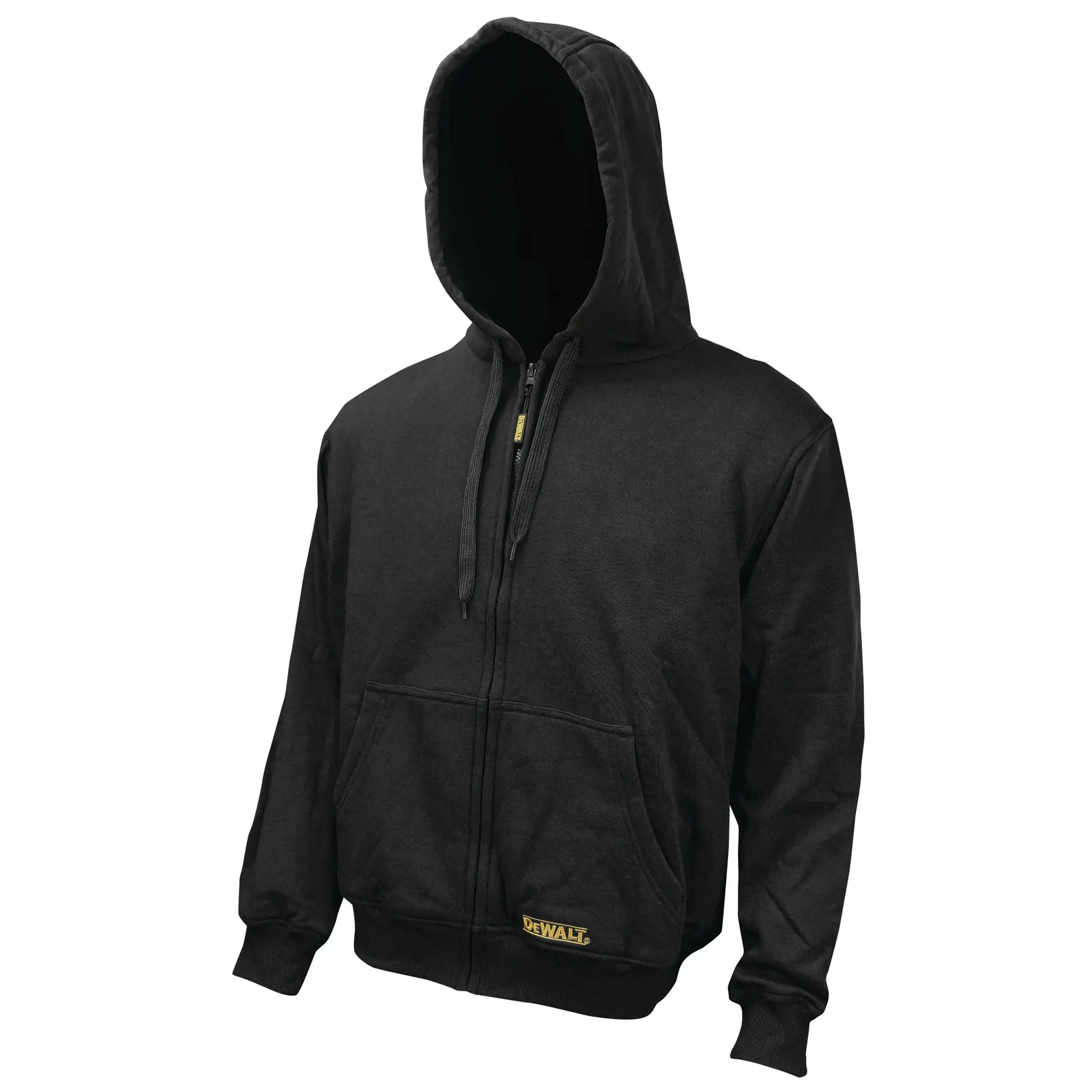 A black DEWALT hooded sweatshirt with a front zipper, two hand pockets, and the DEWALT logo on the lower front. The hoodie is displayed on a plain white background.