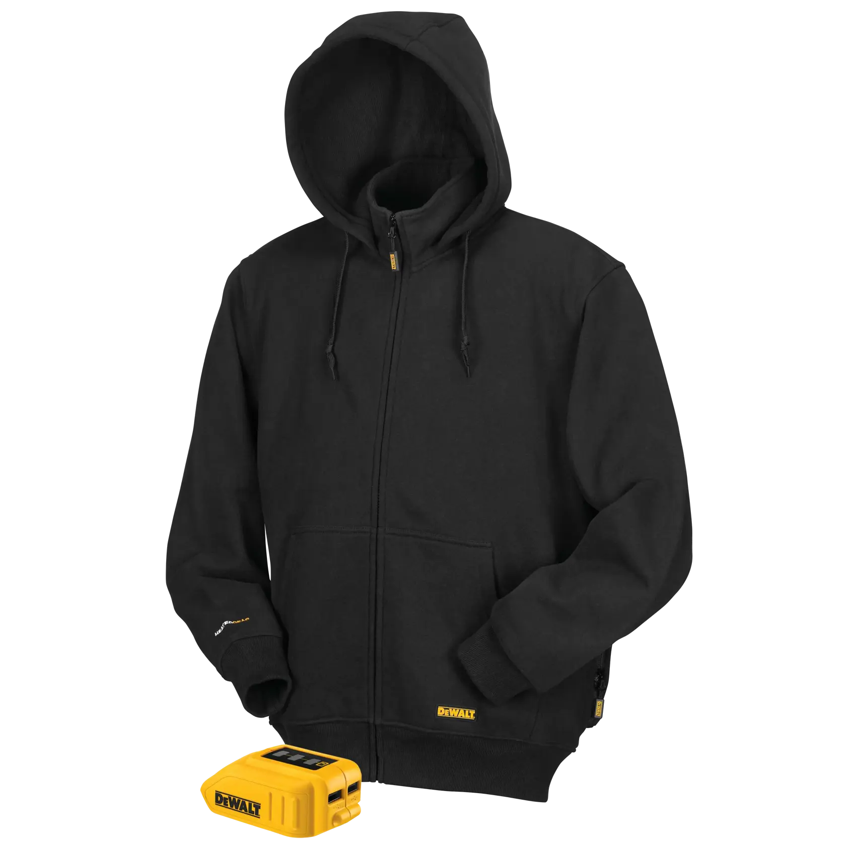 A black hooded zip-up jacket with the DEWALT logo, displayed alongside a yellow DEWALT battery pack.
