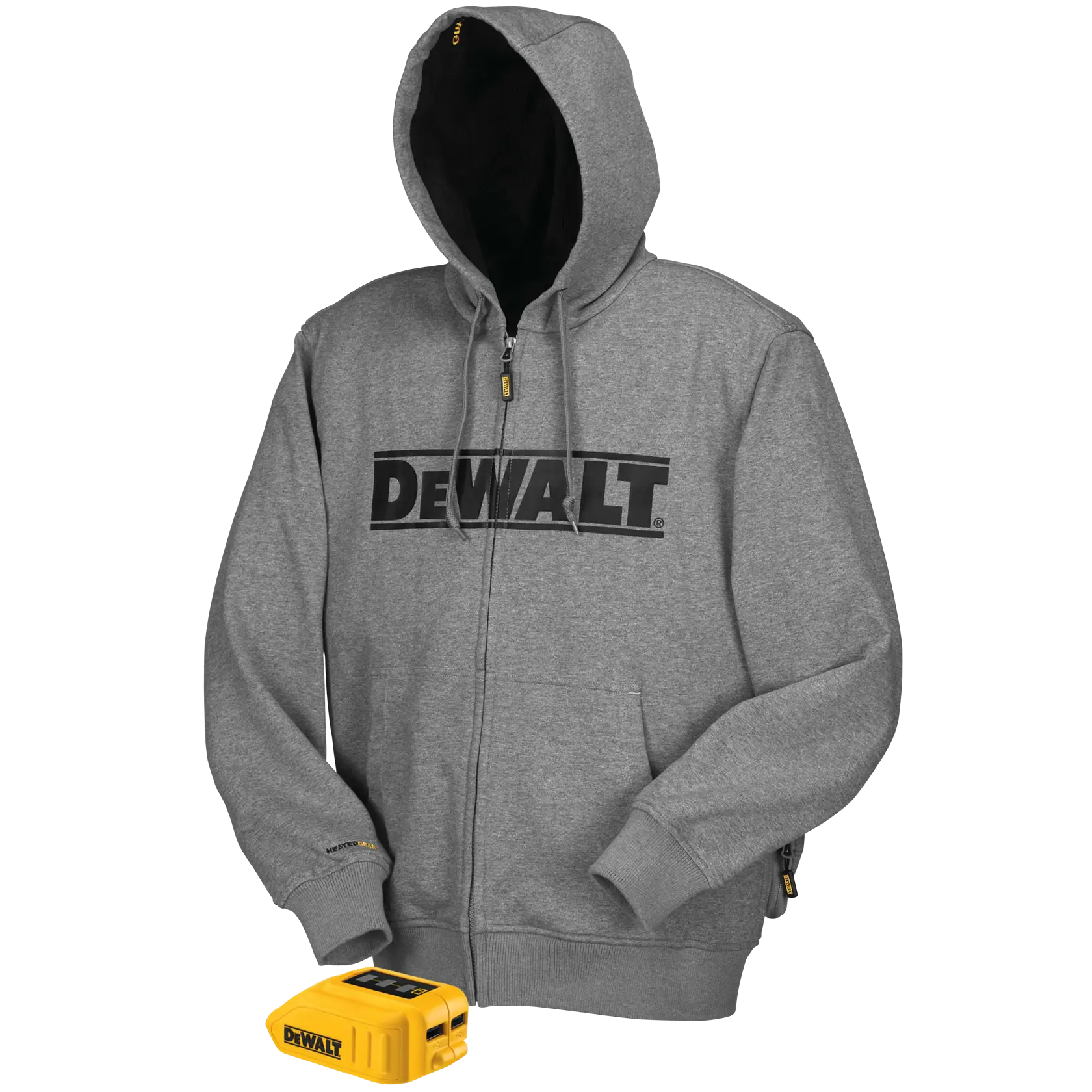 A grey DEWALT zip-up hoodie with the DEWALT logo on the front, displayed with a yellow DEWALT battery pack placed in front of it.