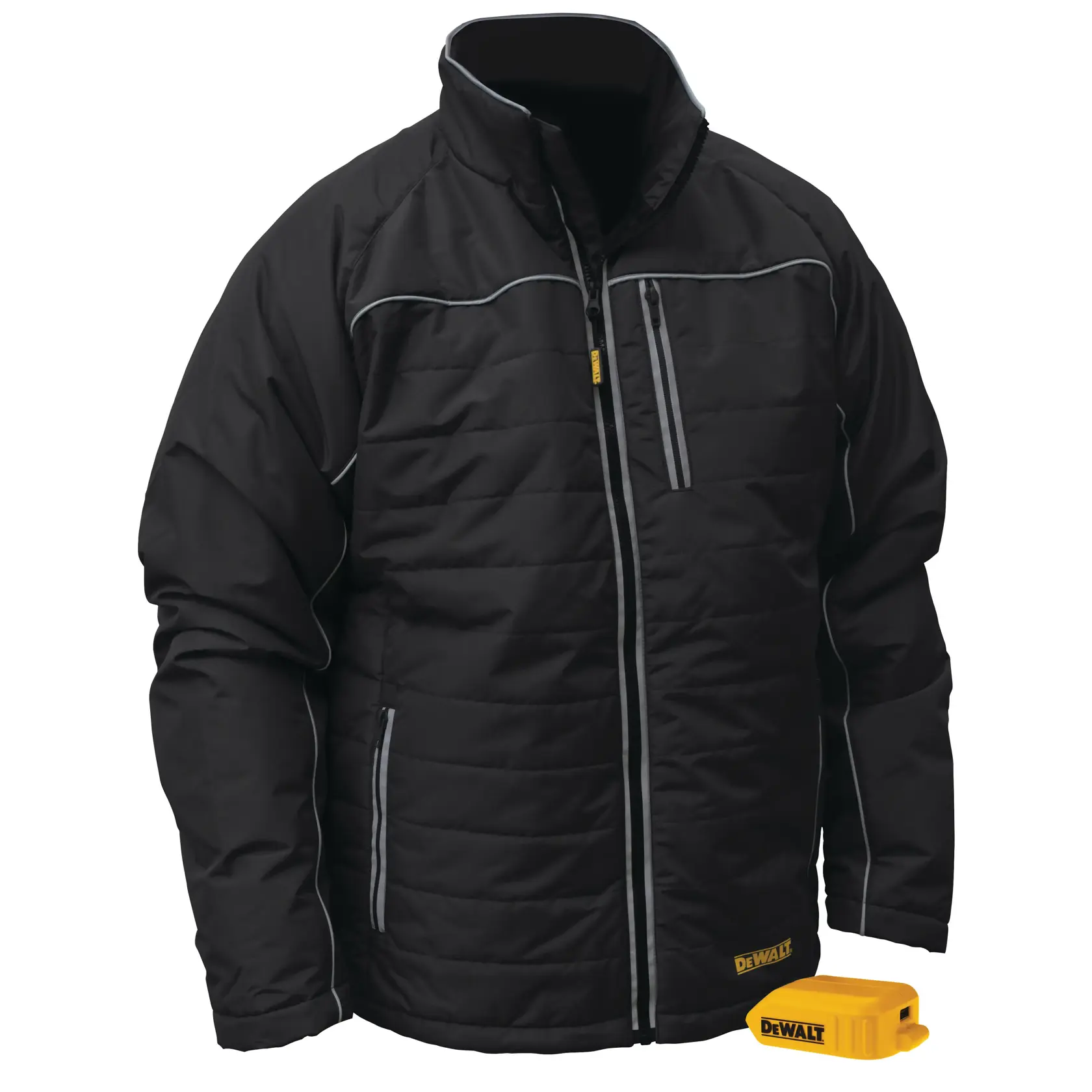 A black DEWALT heated work jacket with quilted fabric, zippered pockets, reflective trim, and a yellow battery pack placed near the bottom right.