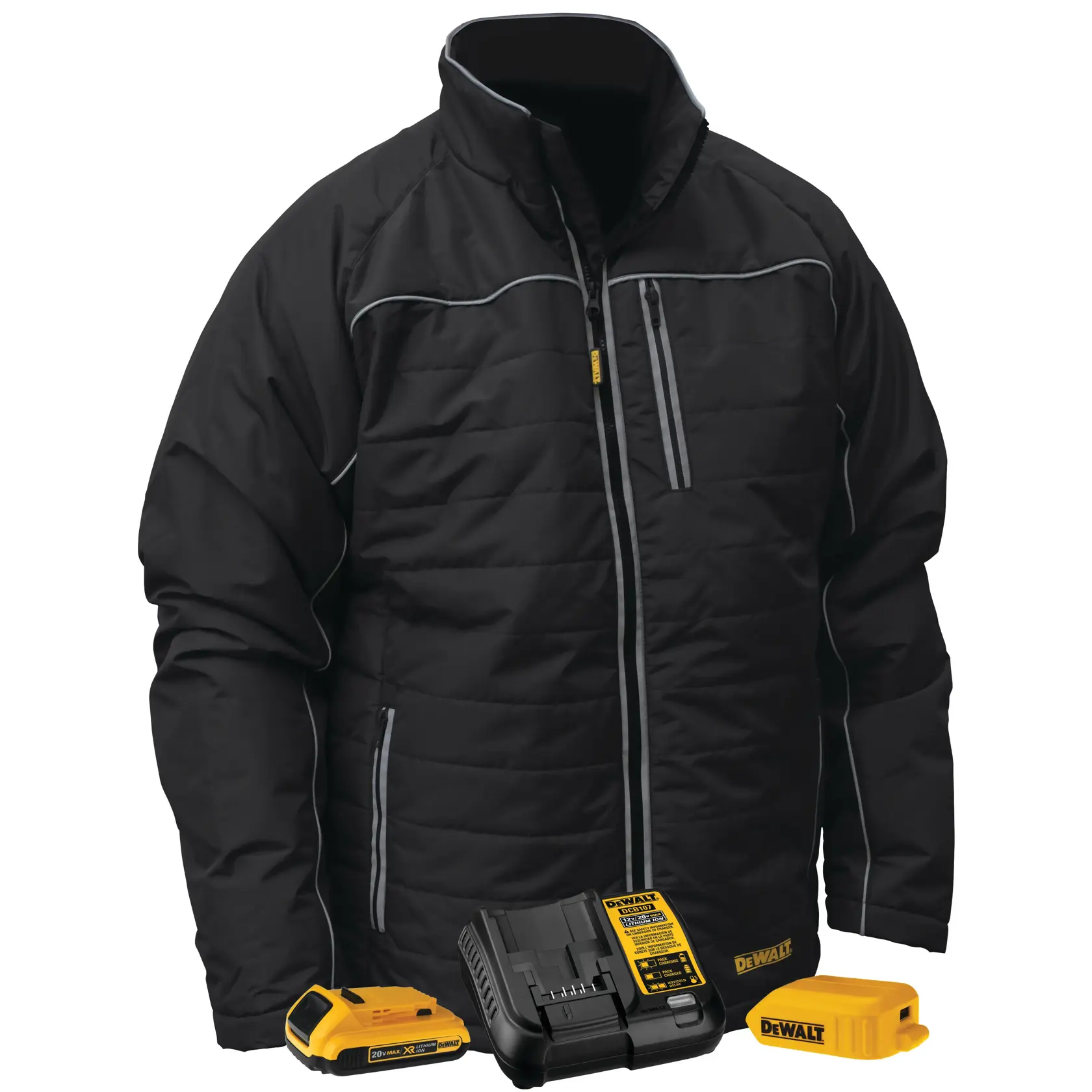A black DEWALT heated jacket with a high collar and gray trim, displayed with a battery pack, charger, and power adapter in front.