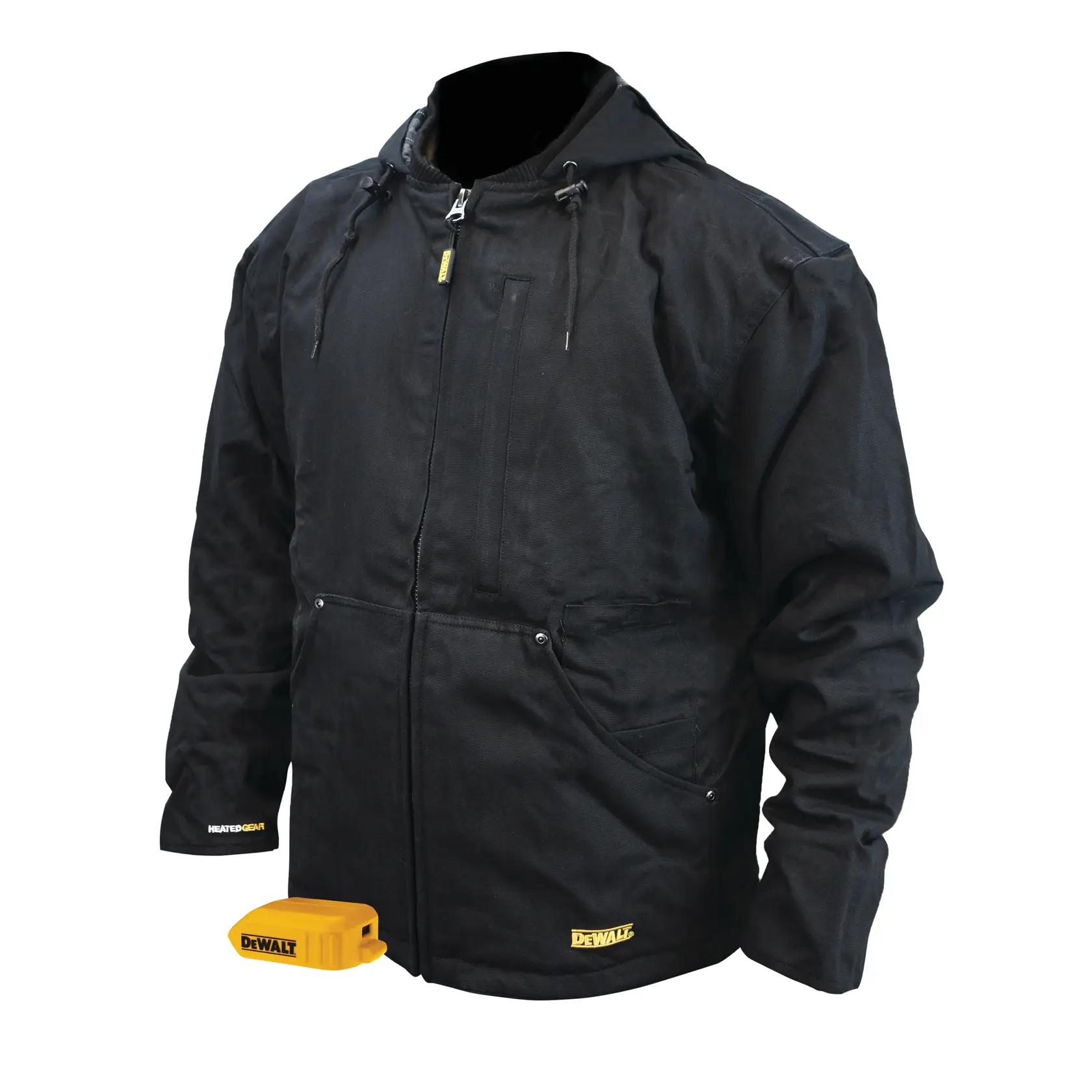 A black DEWALT heated jacket with a hood, front zipper, and multiple pockets, shown with a yellow battery pack.