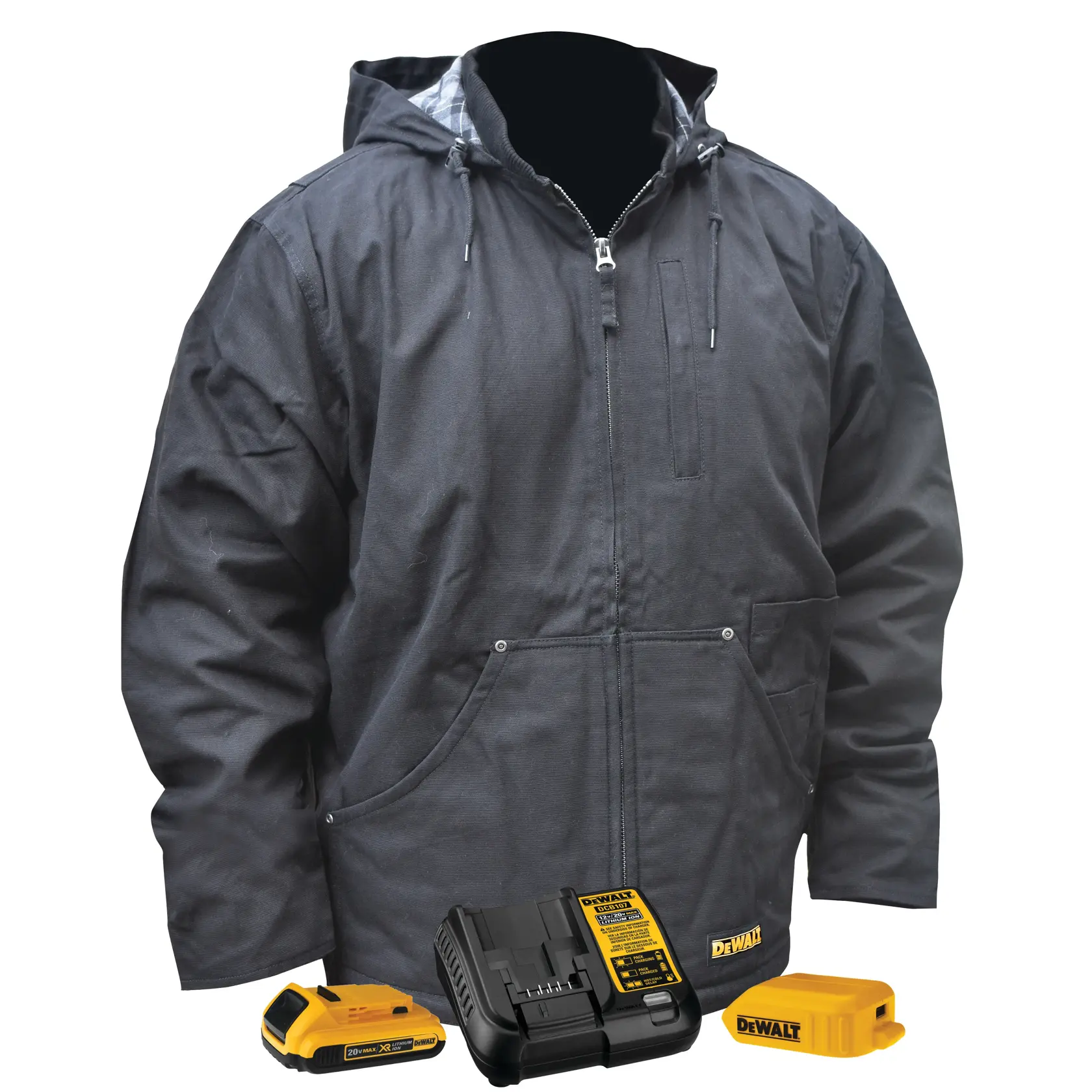 A black DEWALT hooded jacket with front pockets is displayed. In front of the jacket are three items: a yellow battery, a black and yellow battery charger, and a yellow power pack. The jacket is shown without a visible person and the accessories are part of a heated jacket kit.