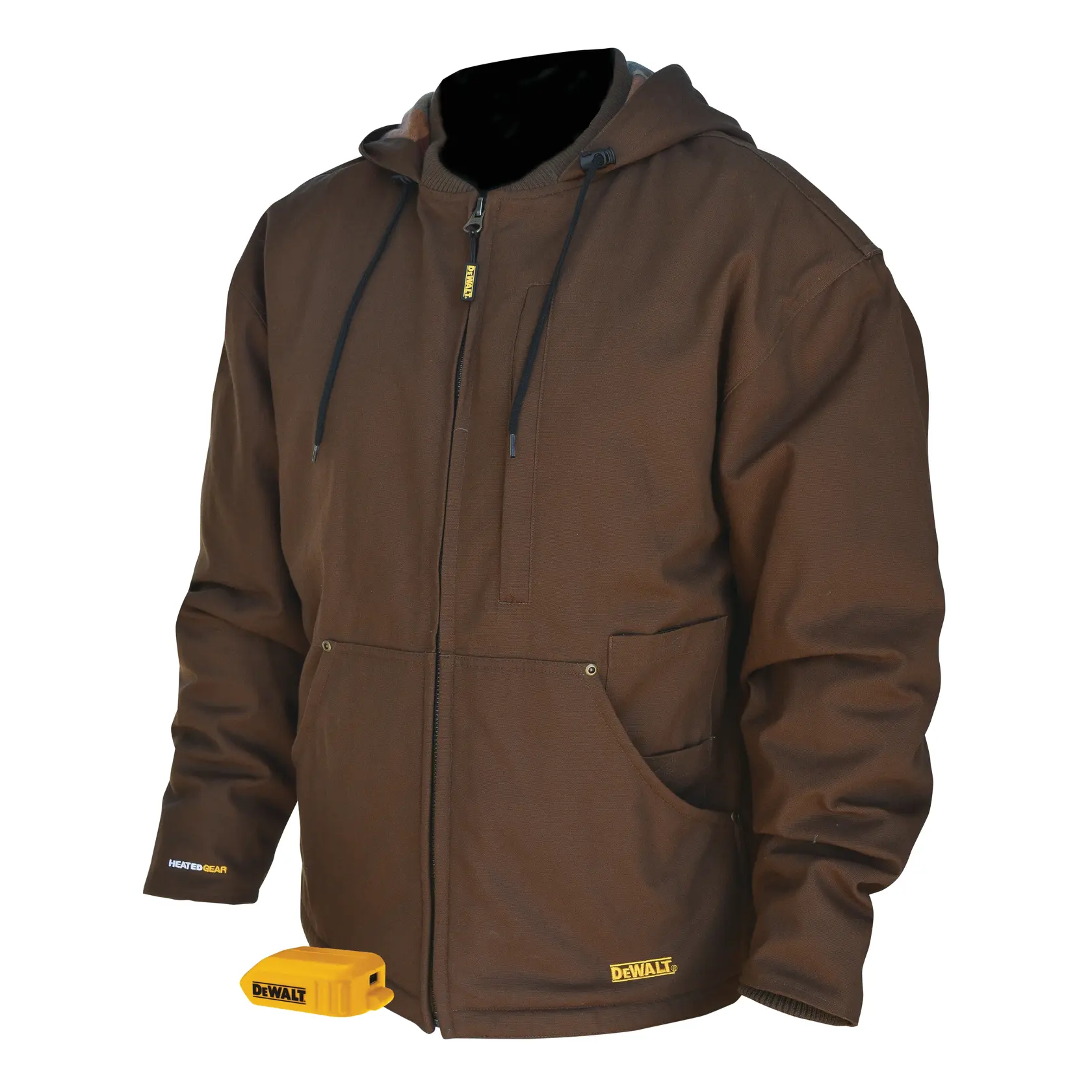 A brown DEWALT heated jacket with hoodie, front zipper, pockets, and a yellow battery pack accessory shown in front of the jacket.