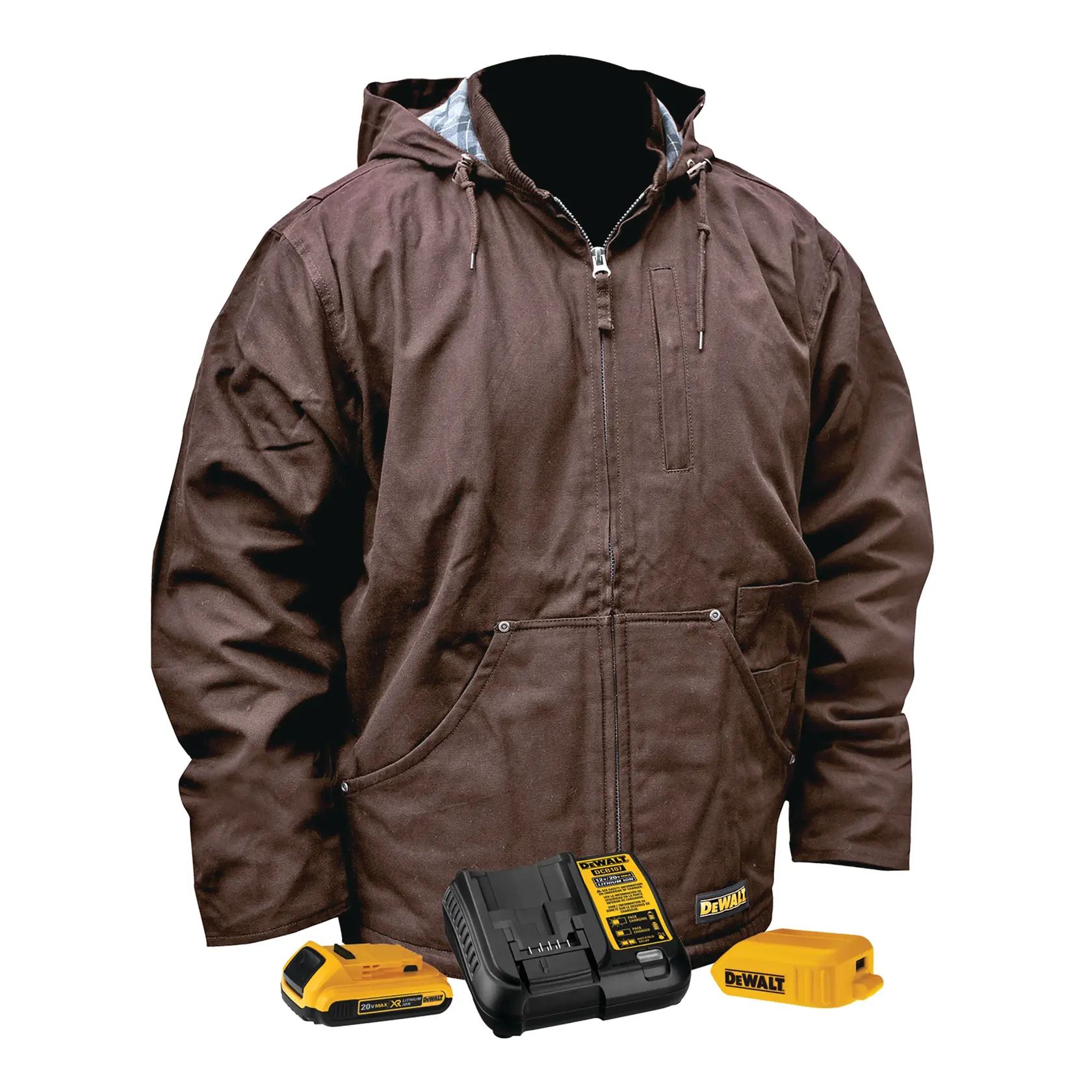 A brown hooded jacket from DEWALT displayed with a battery, charger, and power adapter set in front of it.