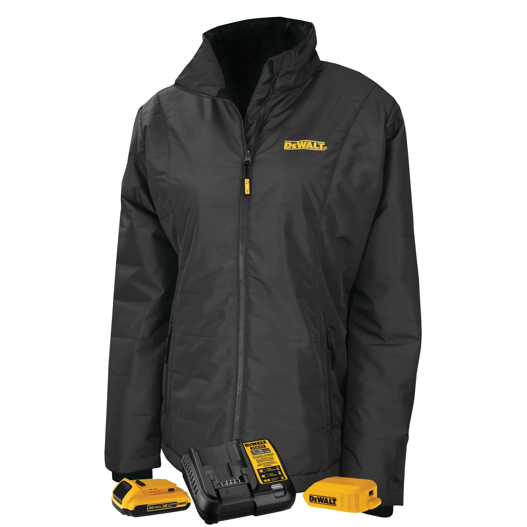 A black DEWALT heated jacket with yellow DEWALT logo on the chest, shown alongside a yellow and black battery pack, charger, and battery adapter.
