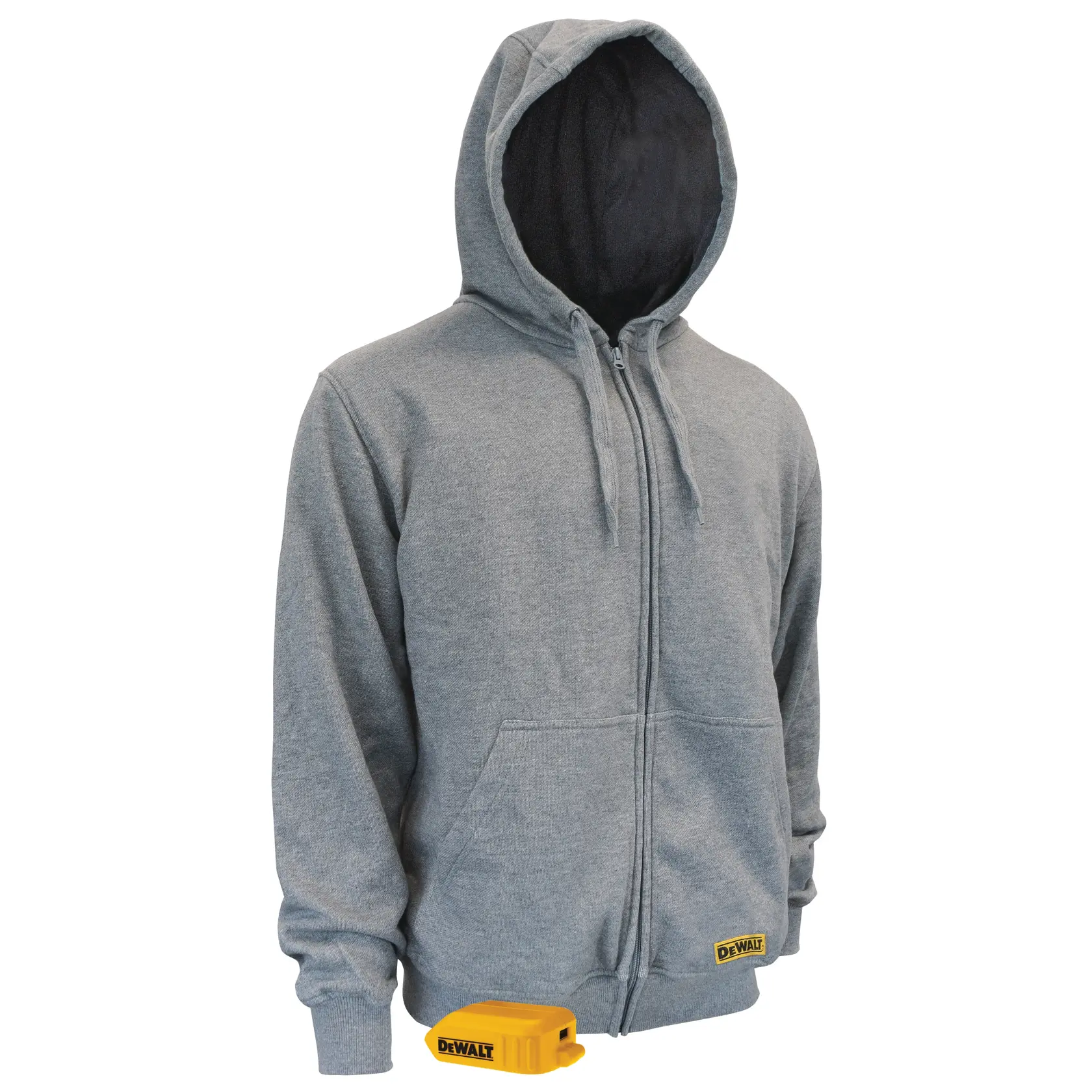 A gray zip-up hoodie with a hood and front pockets, displayed on a blank mannequin. There is a yellow DEWALT battery accessory placed near the hem, indicating that the hoodie is heated and powered by the battery.