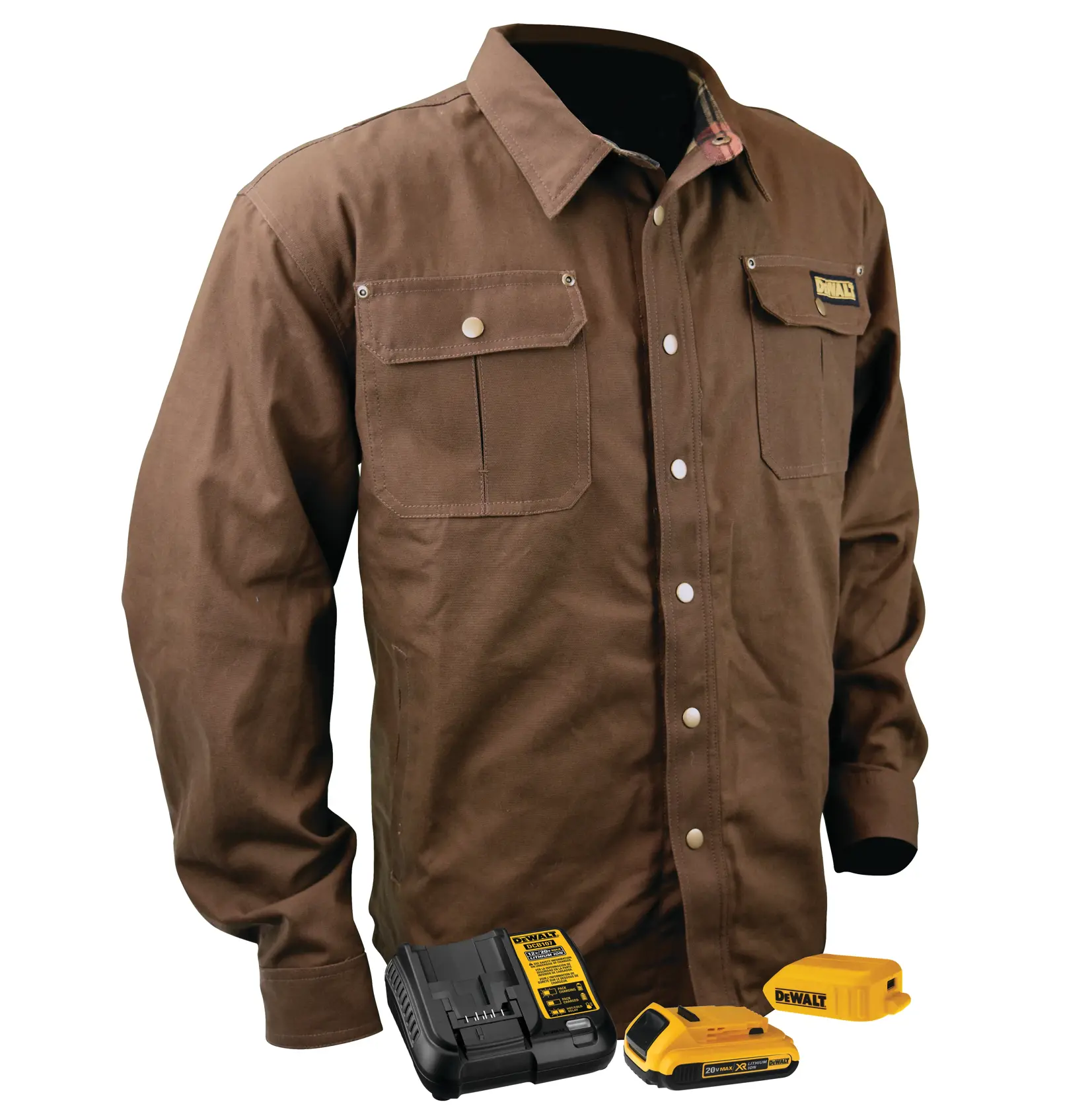 A brown DEWALT heated work jacket with buttoned front and two chest pockets, displayed alongside a battery charger and two yellow DEWALT batteries.